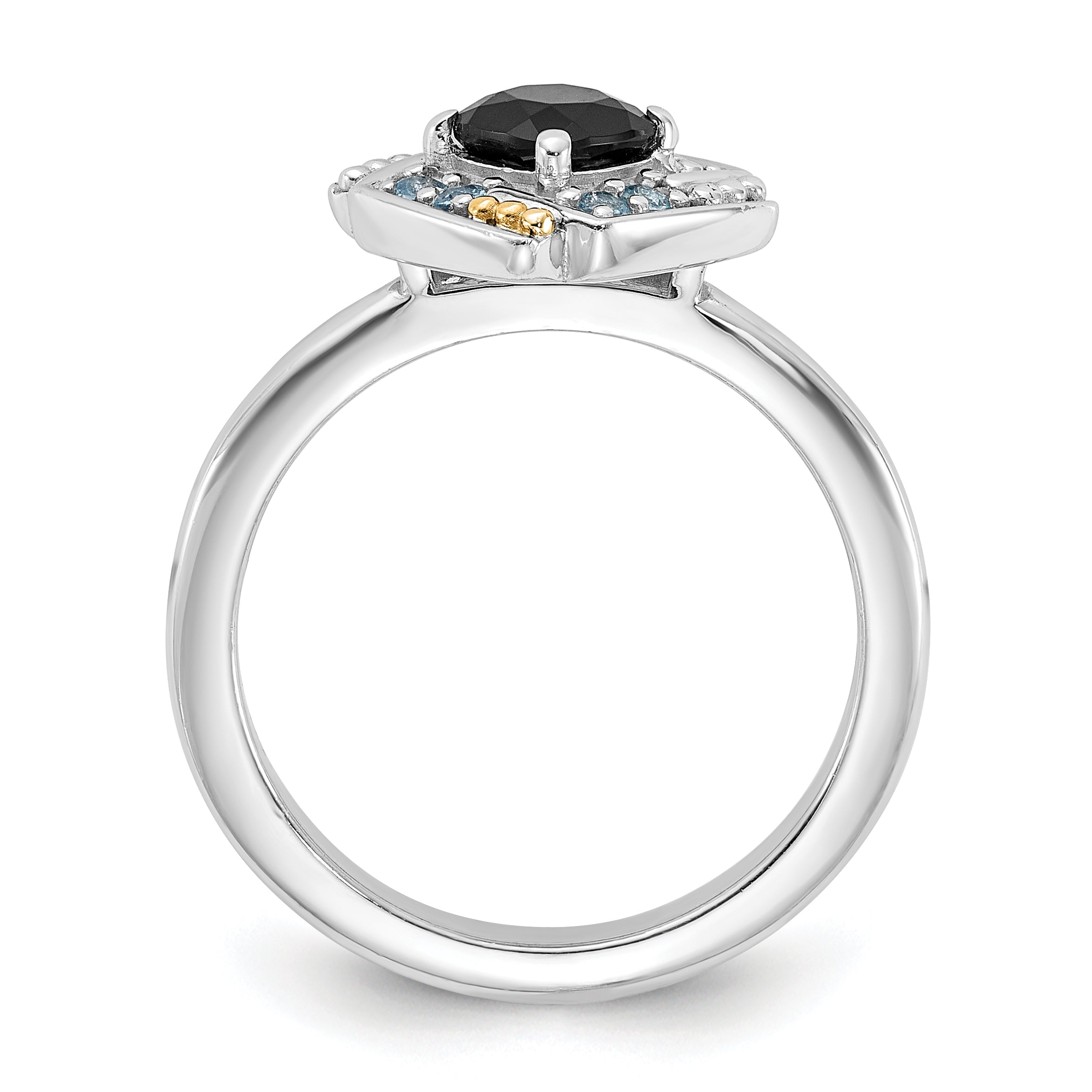 Shey Couture Sterling Silver Rhodium-Plated with 14k Accent .50 Onyx and .16 SwiSterling Silver Blue Topaz Ring