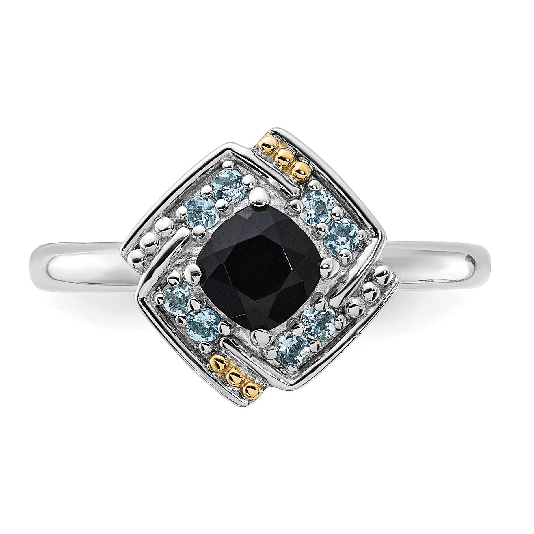 Shey Couture Sterling Silver Rhodium-plated with 14k Accent .50 Onyx and .16 Swiss Blue Topaz Ring