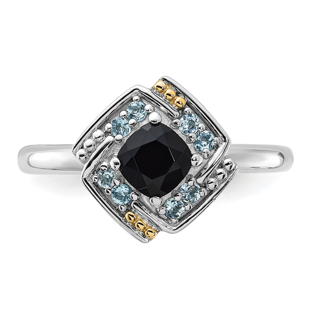 Shey Couture Sterling Silver Rhodium-Plated with 14k Accent .50 Onyx and .16 SwiSterling Silver Blue Topaz Ring