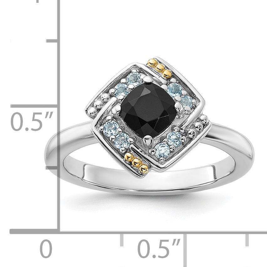 Shey Couture Sterling Silver Rhodium-plated with 14k Accent .50 Onyx and .16 Swiss Blue Topaz Ring
