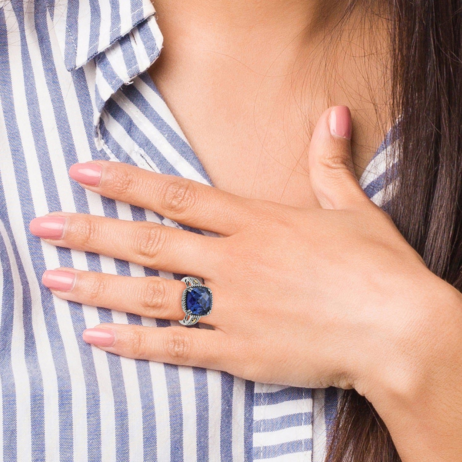 Shey Couture Sterling Silver with 14k Antiqued Lab Created Checker Cushion Sapphire Ring