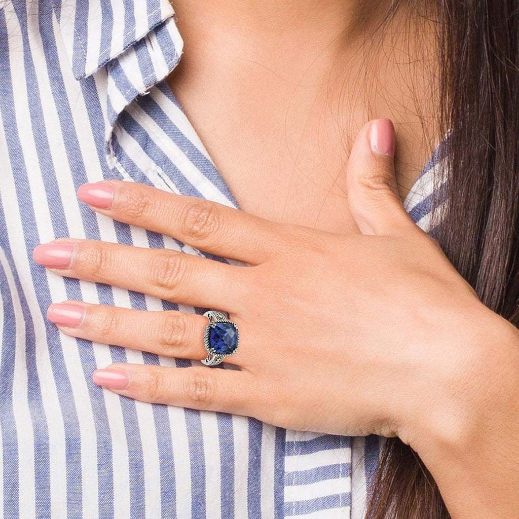 Shey Couture Sterling Silver with 14k Antiqued Lab Created Checker Cushion Sapphire Ring