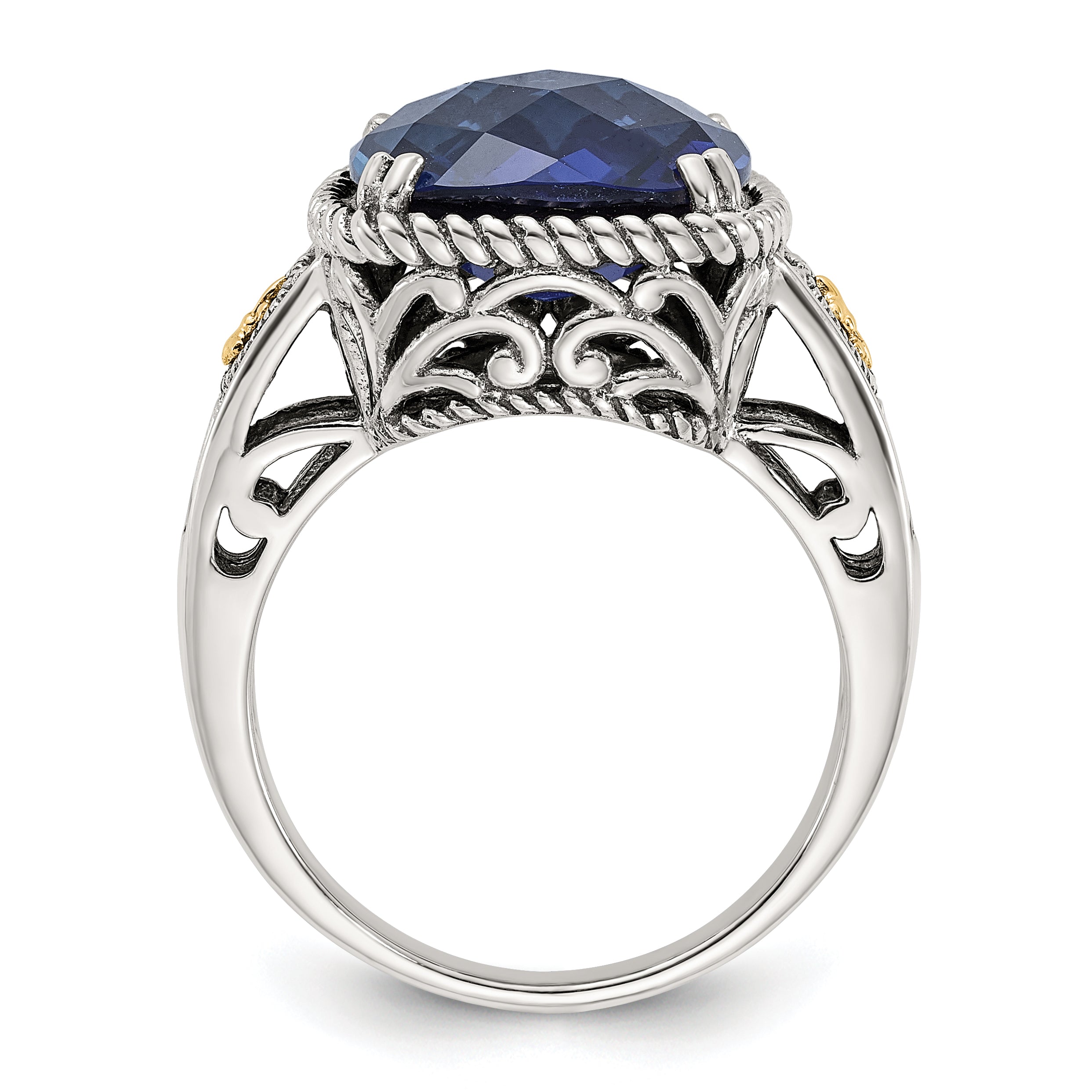 Shey Couture Sterling Silver with 14k Antiqued Lab Created Checker Cushion Sapphire Ring