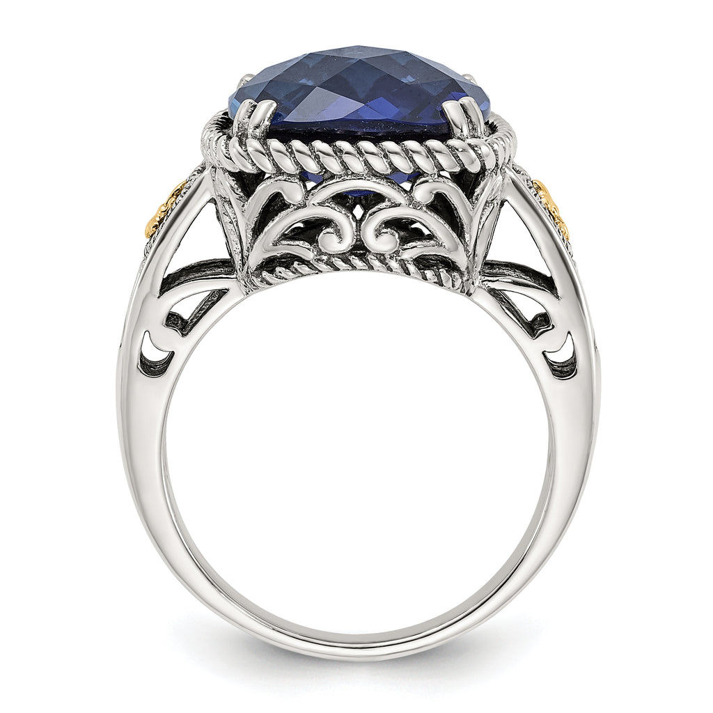 Shey Couture Sterling Silver with 14k Antiqued Lab Created Checker Cushion Sapphire Ring