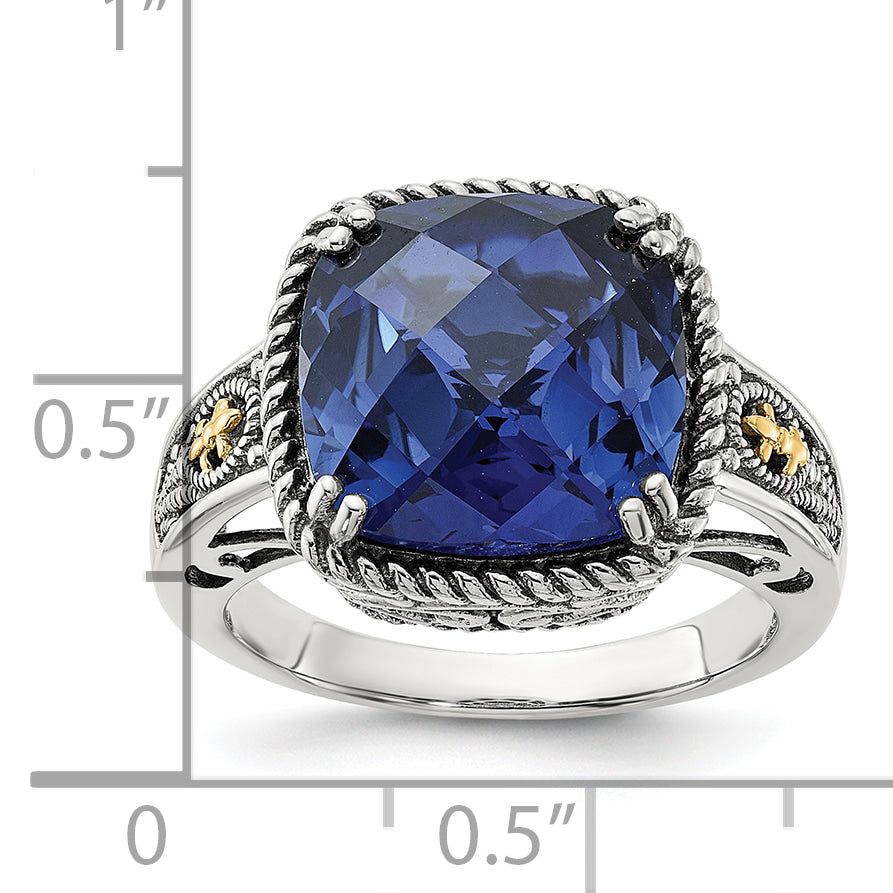 Shey Couture Sterling Silver with 14k Antiqued Lab Created Checker Cushion Sapphire Ring