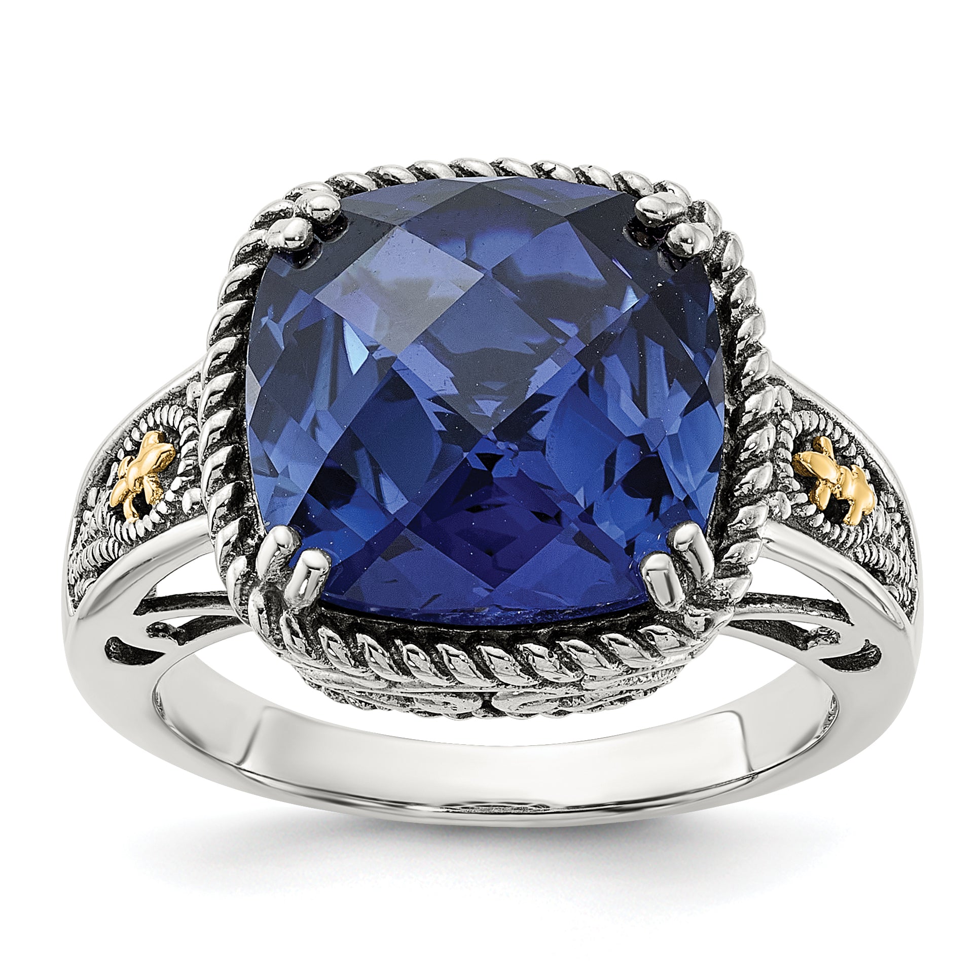 Shey Couture Sterling Silver with 14k Antiqued Lab Created Checker Cushion Sapphire Ring Main image