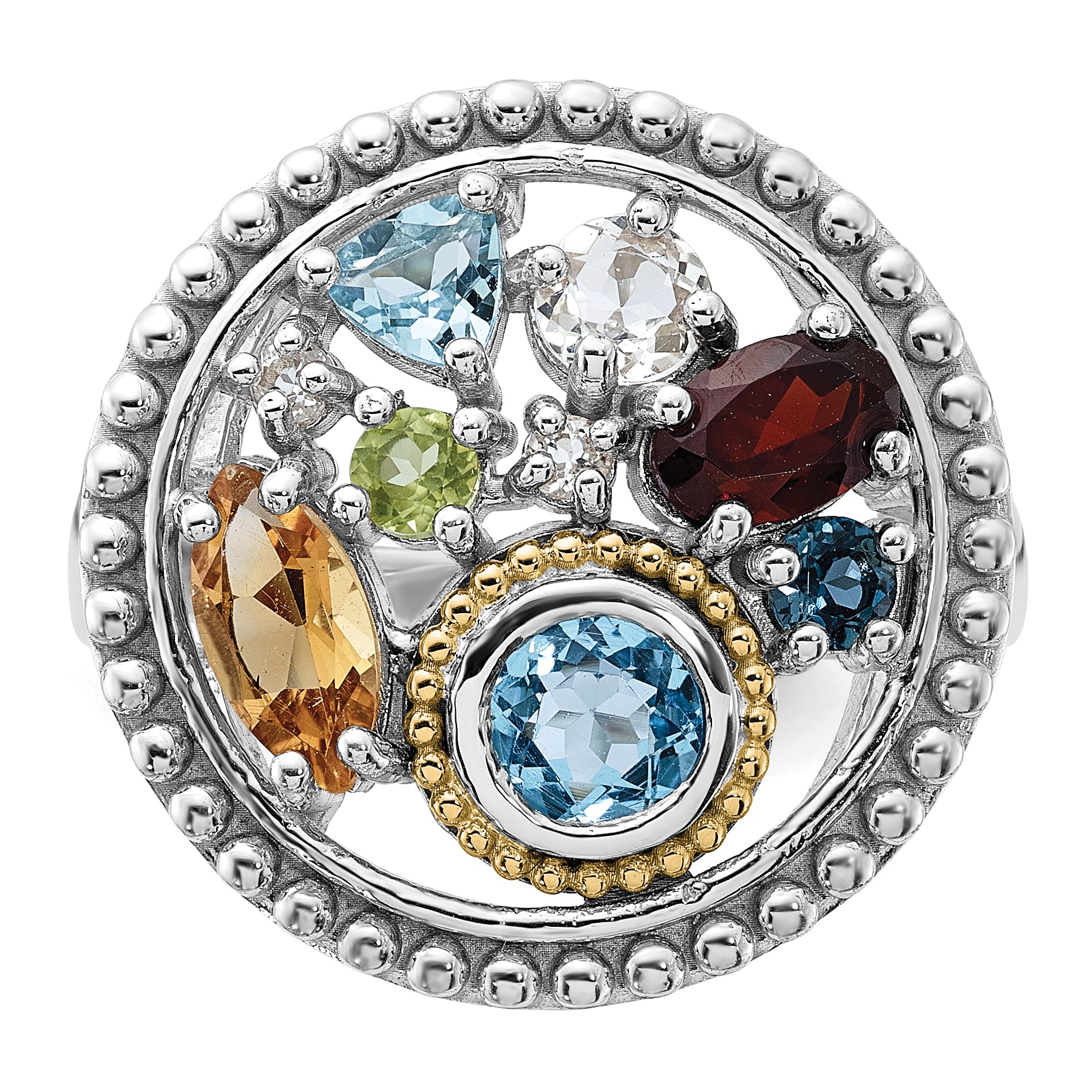 Shey Couture Sterling Silver Rh-plated w/14k Accent .47Citrine/.93Swiss Blue Topaz/.15Light Blue Topaz/.13Peridot/.67Garnet/.39Wht Topaz Ring