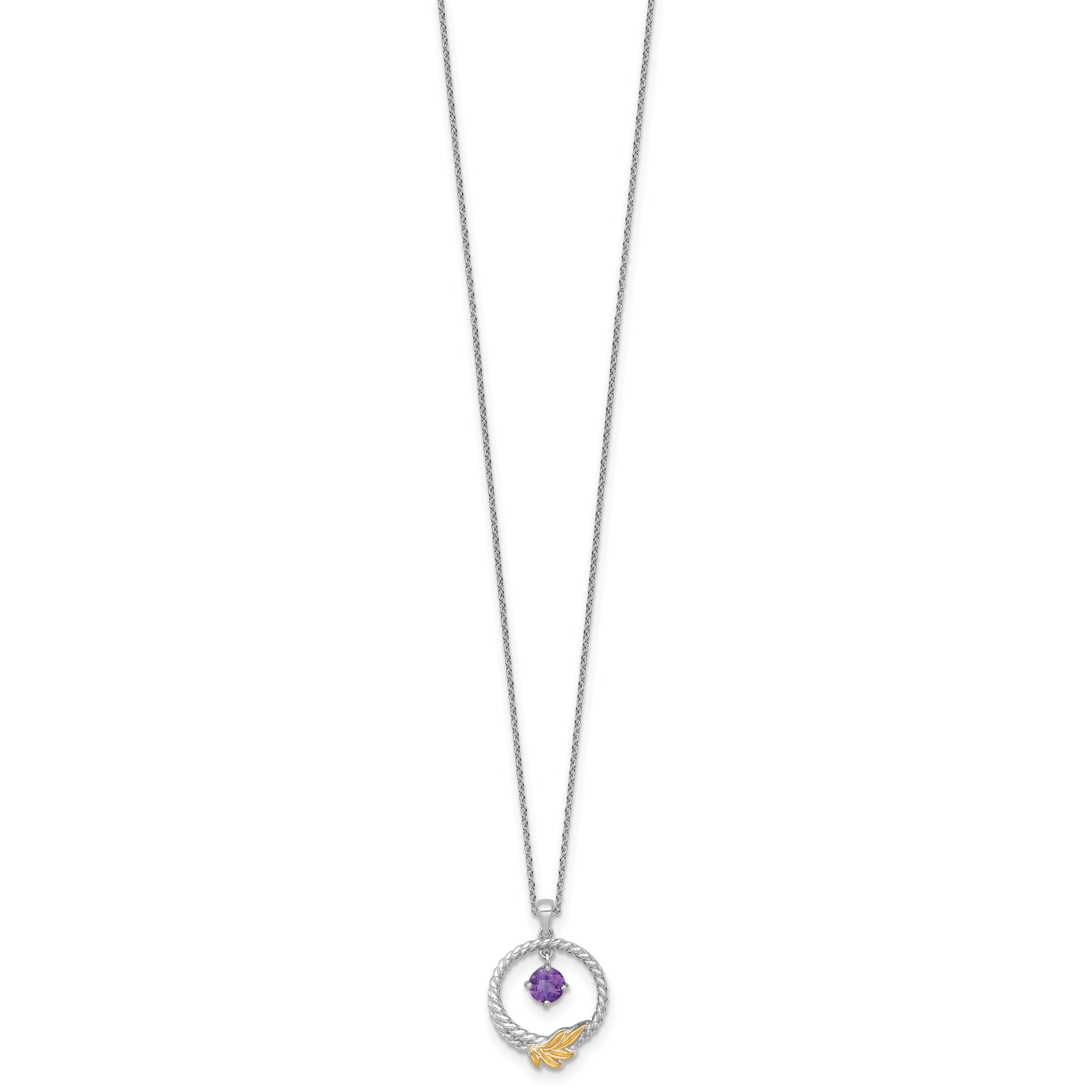 Shey Couture Sterling Silver Rhodium-plated Twisted Circle with 14k Leaf Accent Round Amethyst Dangle 18 inch with 2 inch Extension Necklace