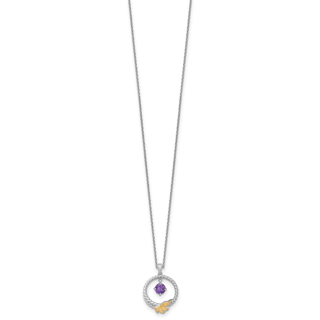 Shey Couture Sterling Silver Rhodium-plated Twisted Circle with 14k Leaf Accent Round Amethyst Dangle 18 inch with 2 inch Extension Necklace