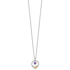 Shey Couture Sterling Silver Rhodium-plated Twisted Circle with 14k Leaf Accent Round Amethyst Dangle 18 inch with 2 inch Extension Necklace