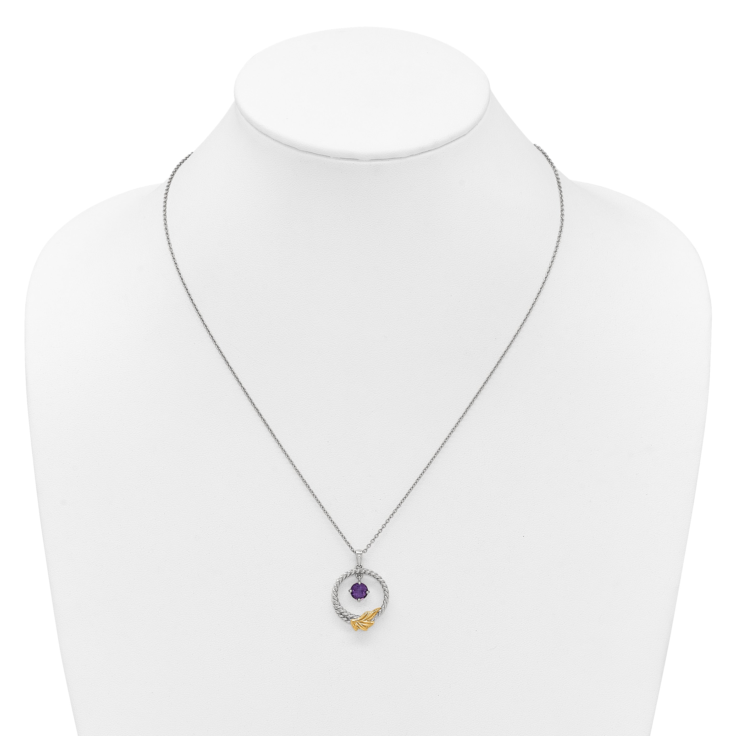 Shey Couture Sterling Silver Rhodium-plated Twisted Circle with 14k Leaf Accent Round Amethyst Dangle 18 inch with 2 inch Extension Necklace