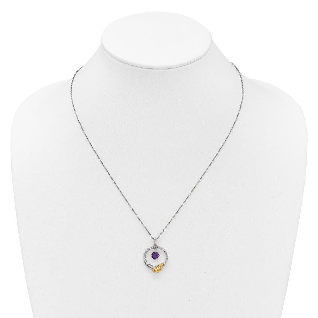 Shey Couture Sterling Silver Rhodium-plated Twisted Circle with 14k Leaf Accent Round Amethyst Dangle 18 inch with 2 inch Extension Necklace