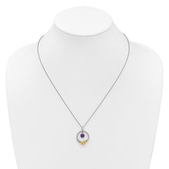 Shey Couture Sterling Silver Rhodium-plated Twisted Circle with 14k Leaf Accent Round Amethyst Dangle 18 inch with 2 inch Extension Necklace
