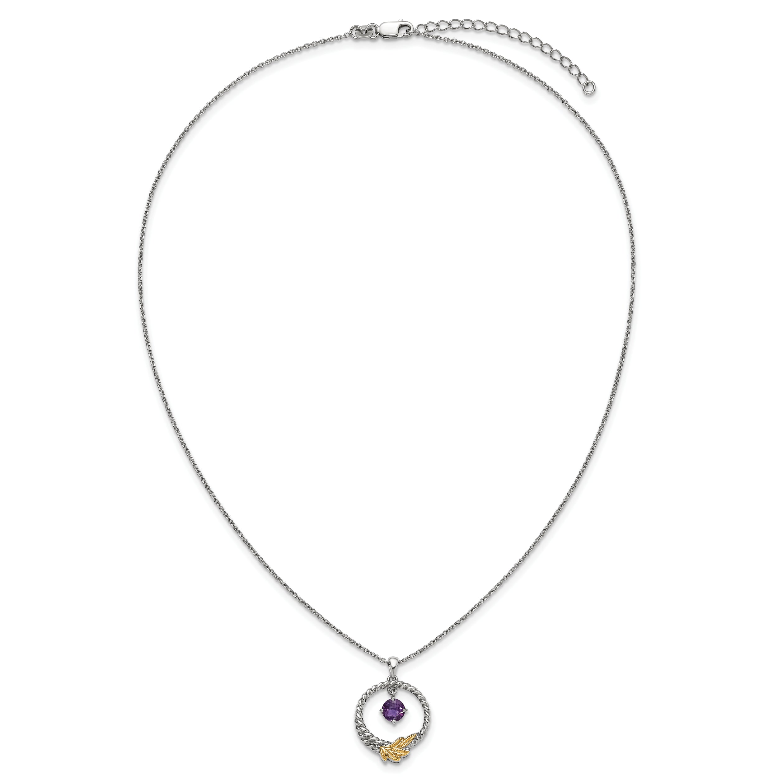 Shey Couture Sterling Silver Rhodium-plated Twisted Circle with 14k Leaf Accent Round Amethyst Dangle 18 inch with 2 inch Extension Necklace
