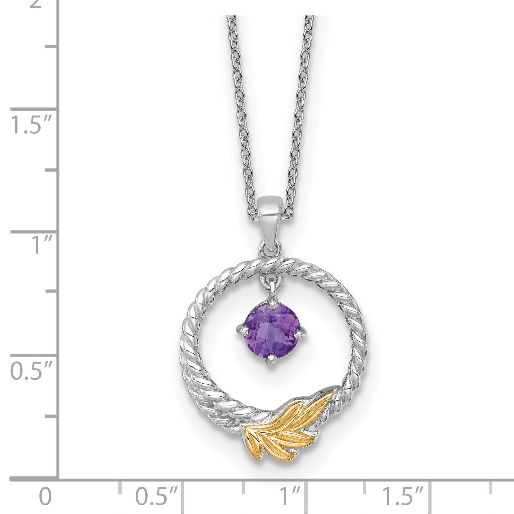 Shey Couture Sterling Silver Rhodium-plated Twisted Circle with 14k Leaf Accent Round Amethyst Dangle 18 inch with 2 inch Extension Necklace
