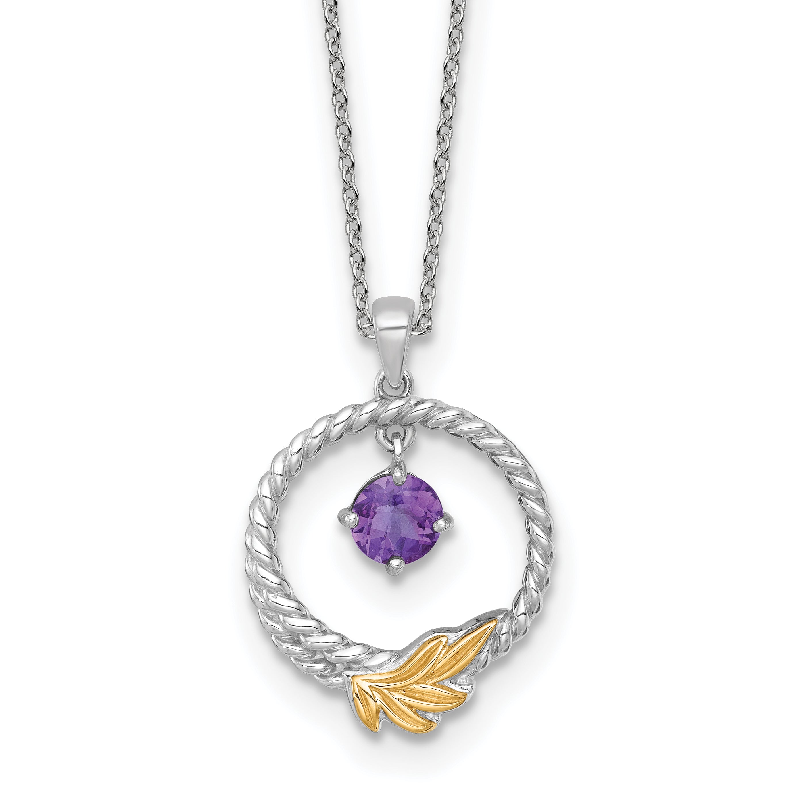 Shey Couture Sterling Silver Rhodium-plated Twisted Circle with 14k Leaf Accent Round Amethyst Dangle 18 inch with 2 inch Extension Necklace Main image