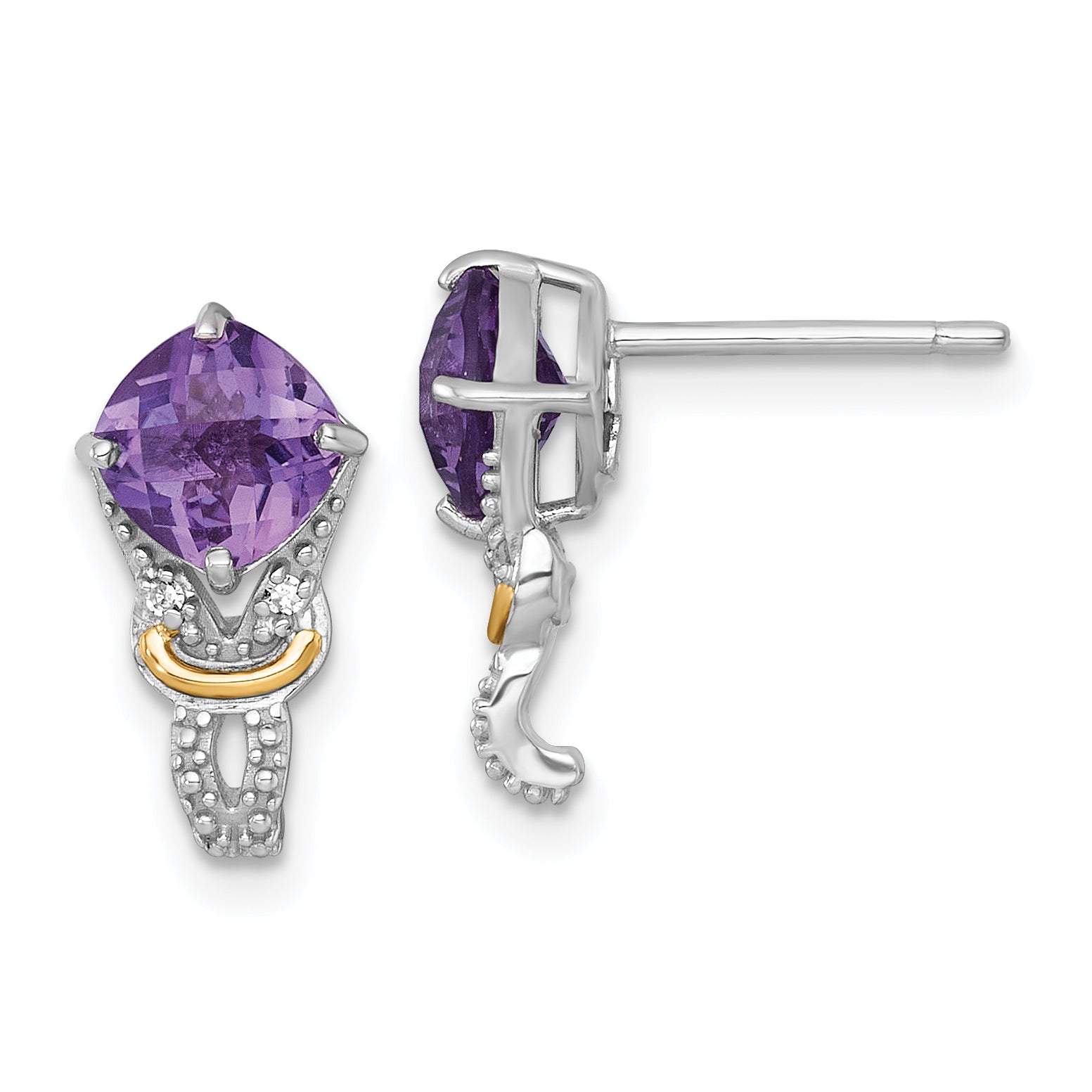 Shey Couture Sterling Silver Rhodium-plated with 14k Accent Checker-cut Cushion Amethyst and .02ct. Diamond Post Earrings Main image