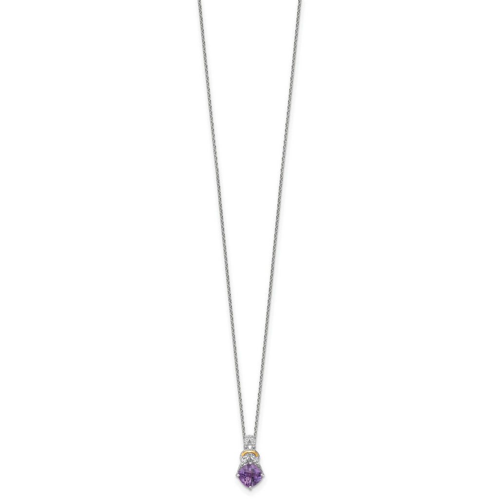 Shey Couture Sterling Silver Rhodium-plated w/14k Accent Checker-cut Cushion Amethyst and .04ct Diamond 18 inch with 2 inch Extension Necklace