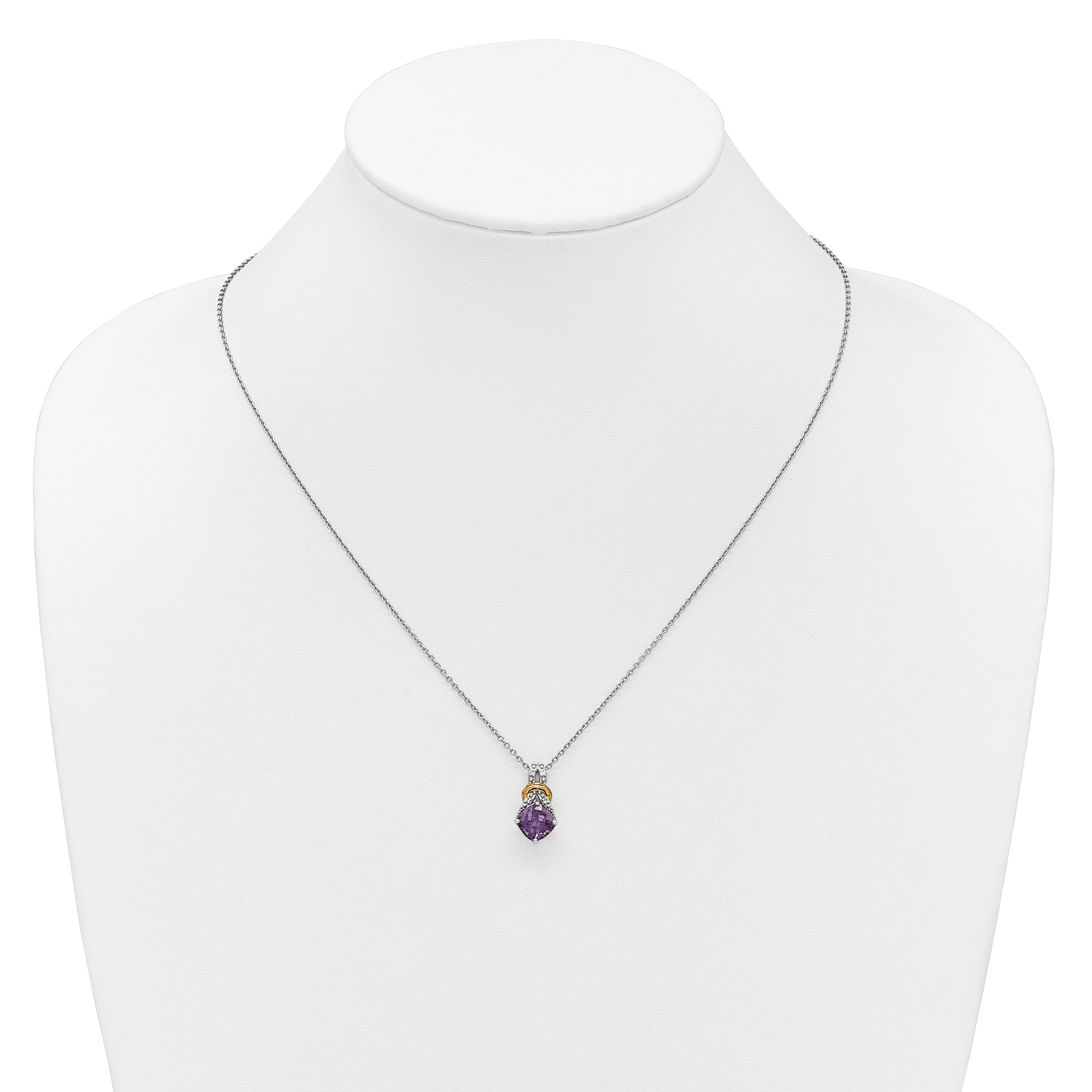 Shey Couture Sterling Silver Rhodium-plated w/14k Accent Checker-cut Cushion Amethyst and .04ct Diamond 18 inch with 2 inch Extension Necklace