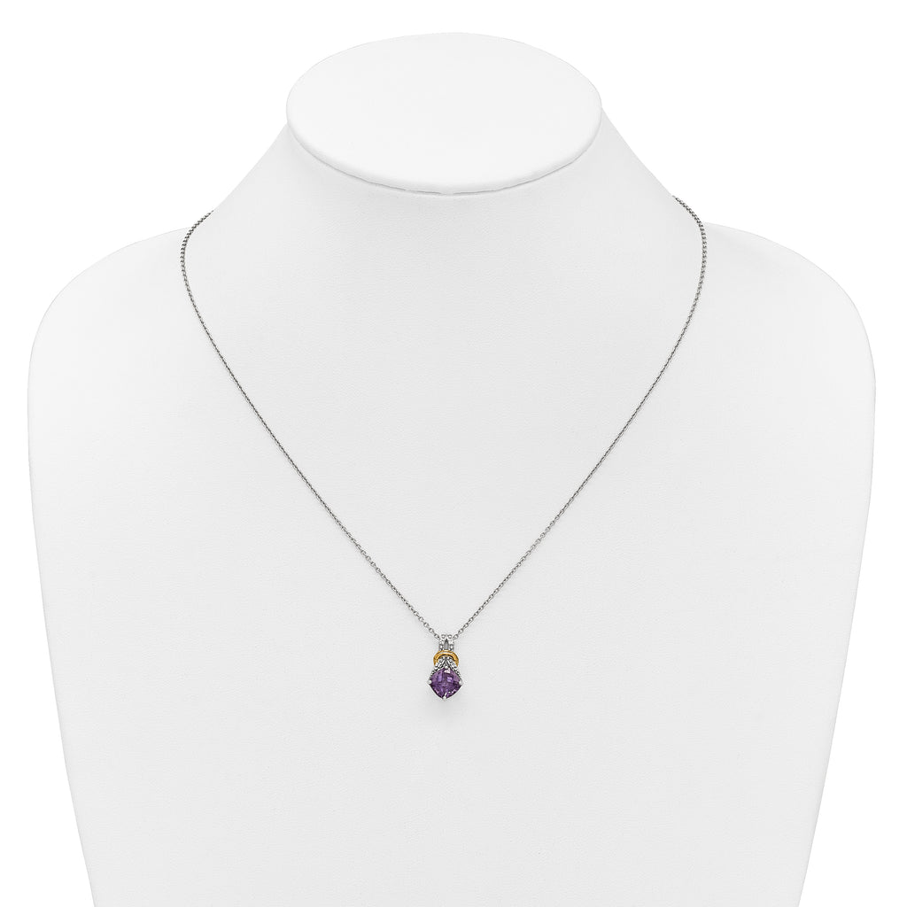 Shey Couture Sterling Silver Rhodium-plated w/14k Accent Checker-cut Cushion Amethyst and .04ct Diamond 18 inch with 2 inch Extension Necklace