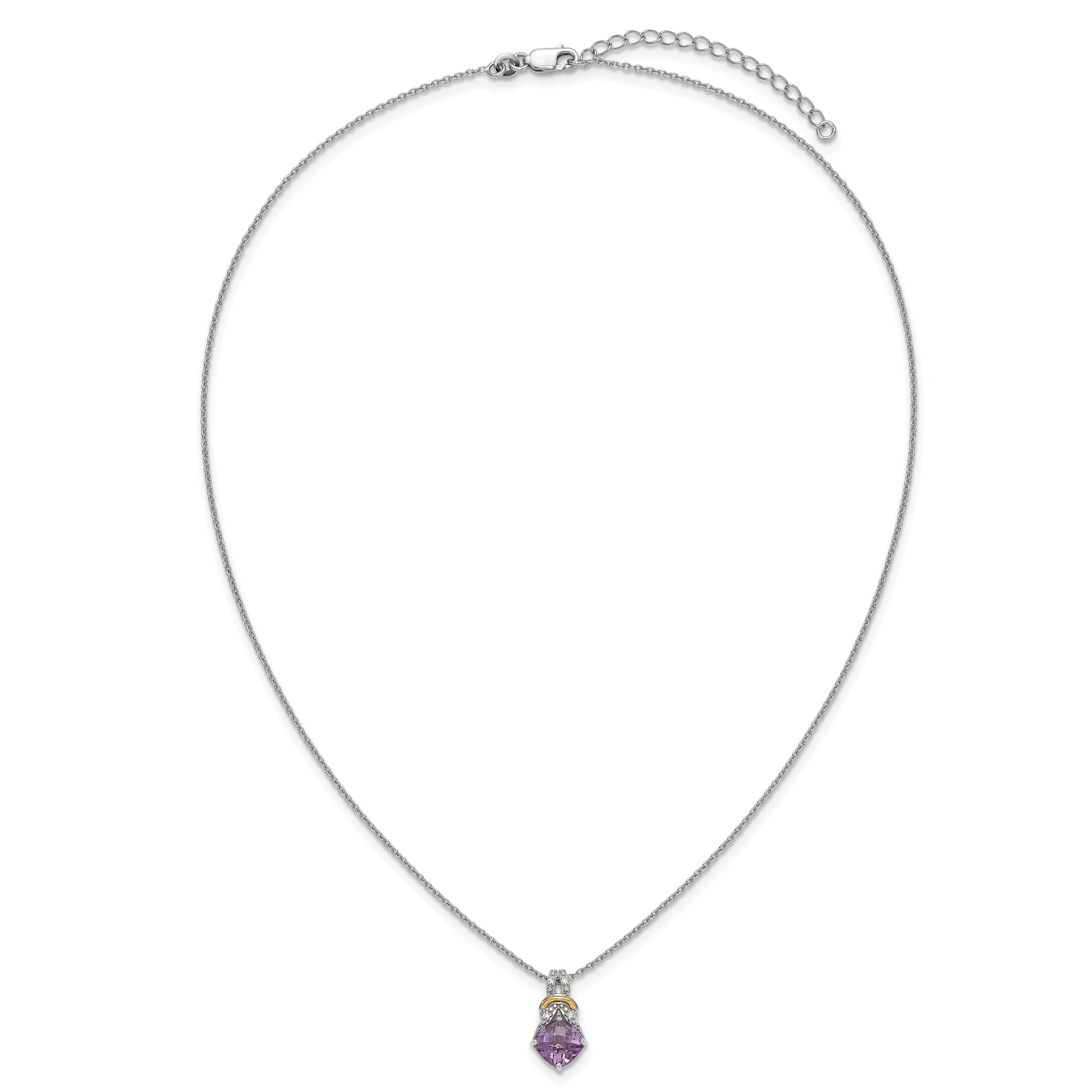 Shey Couture Sterling Silver Rhodium-plated w/14k Accent Checker-cut Cushion Amethyst and .04ct Diamond 18 inch with 2 inch Extension Necklace