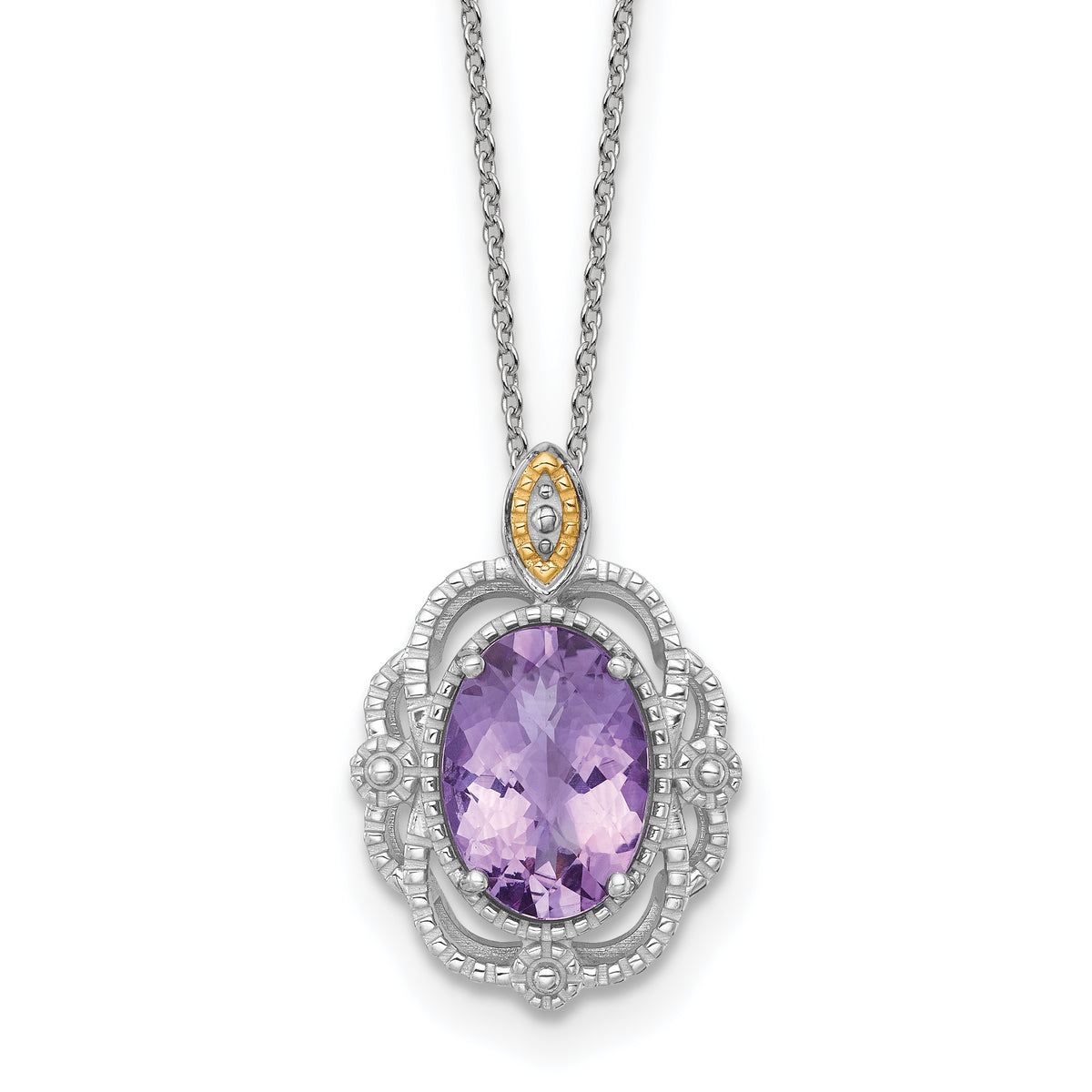 Shey Couture Sterling Silver Rhodium-plated with 14k Accent Oval Amethyst 18 inch with 2 inch Extension Vintage Necklace