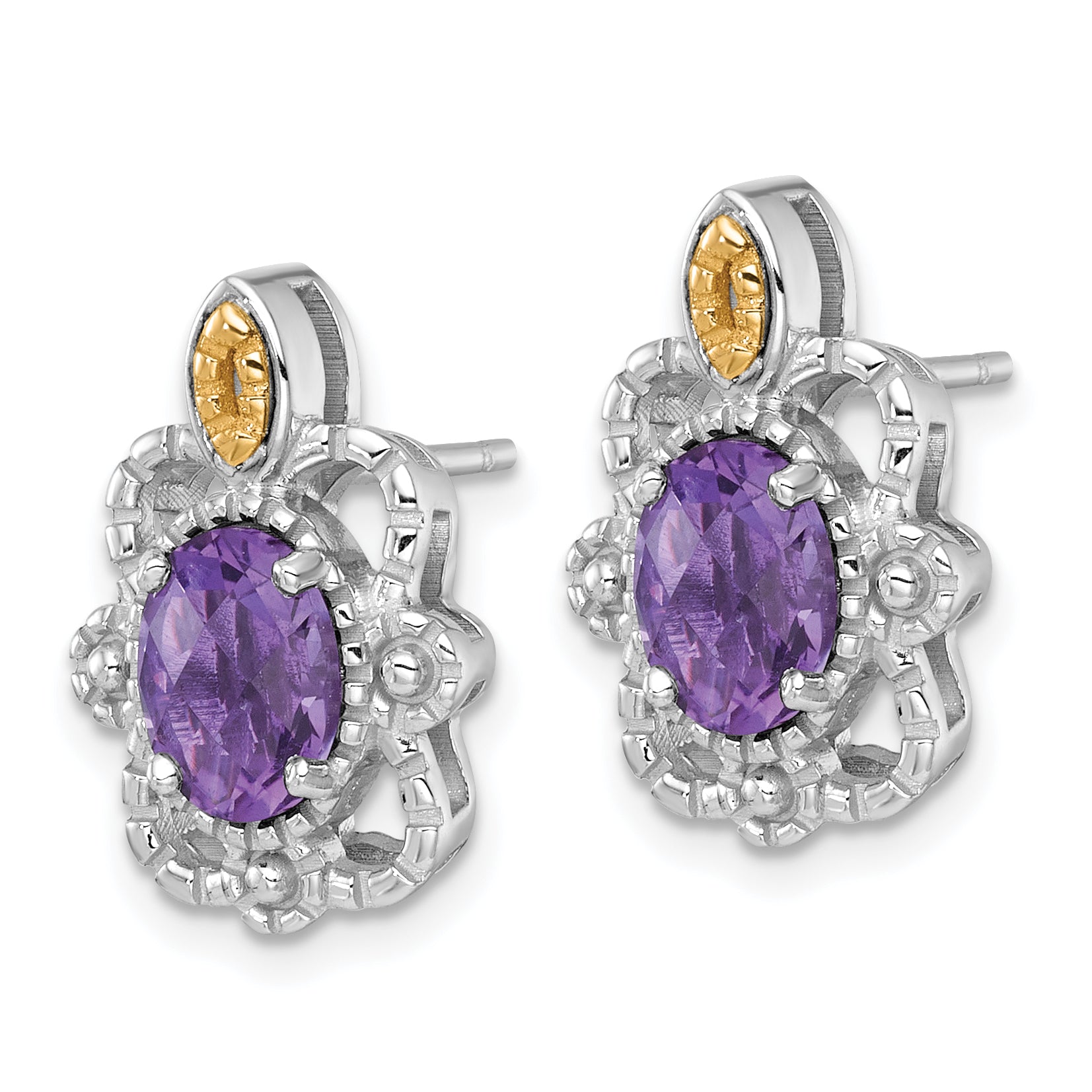 Shey Couture Sterling Silver Rhodium-plated with 14k Accent Oval Amethyst Vintage Post Earrings Secondary image