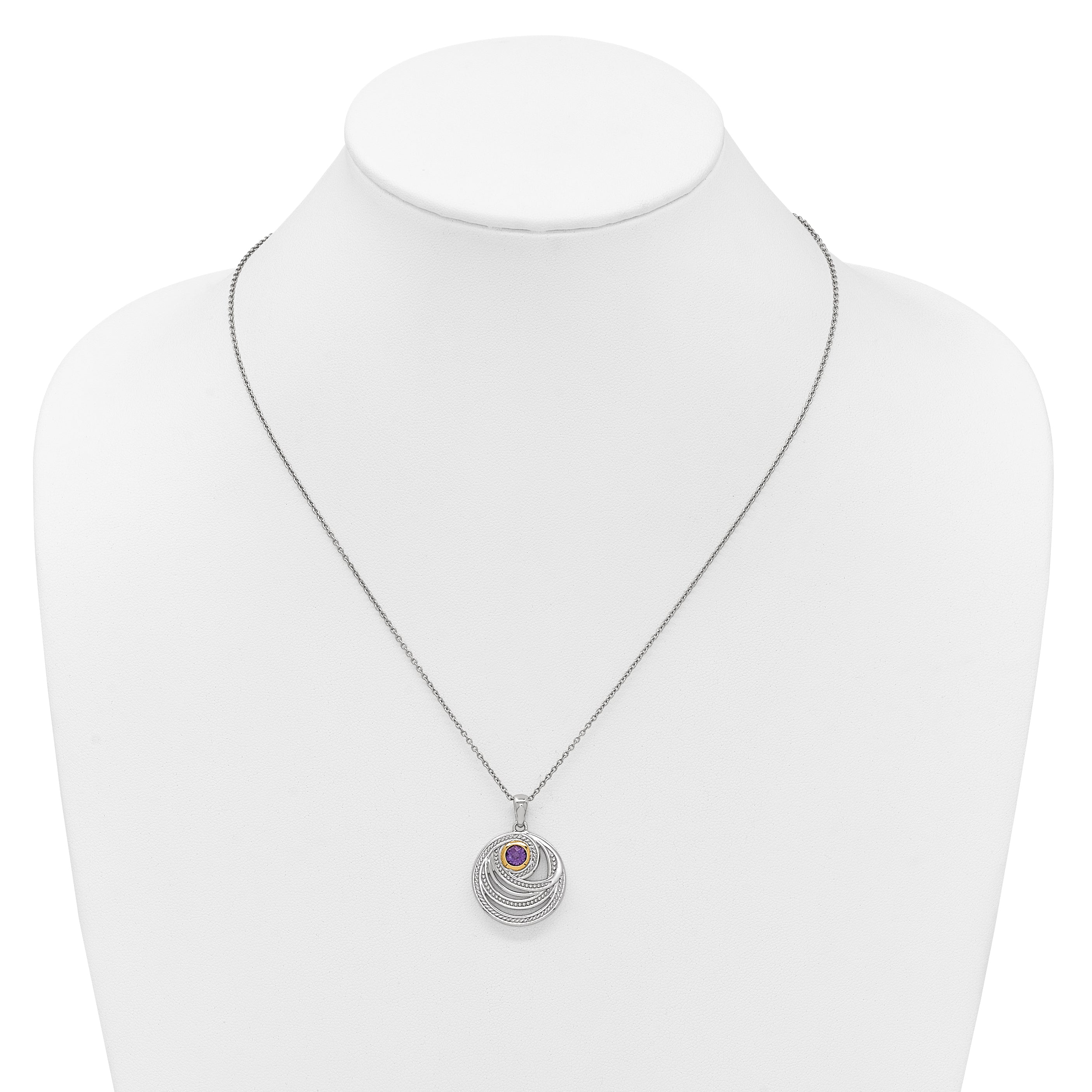 Shey Couture Sterling Silver Rhodium-plated with 14k Accent Round Amethyst Swirl Circle 18 inch with 2 inch Extension Necklace