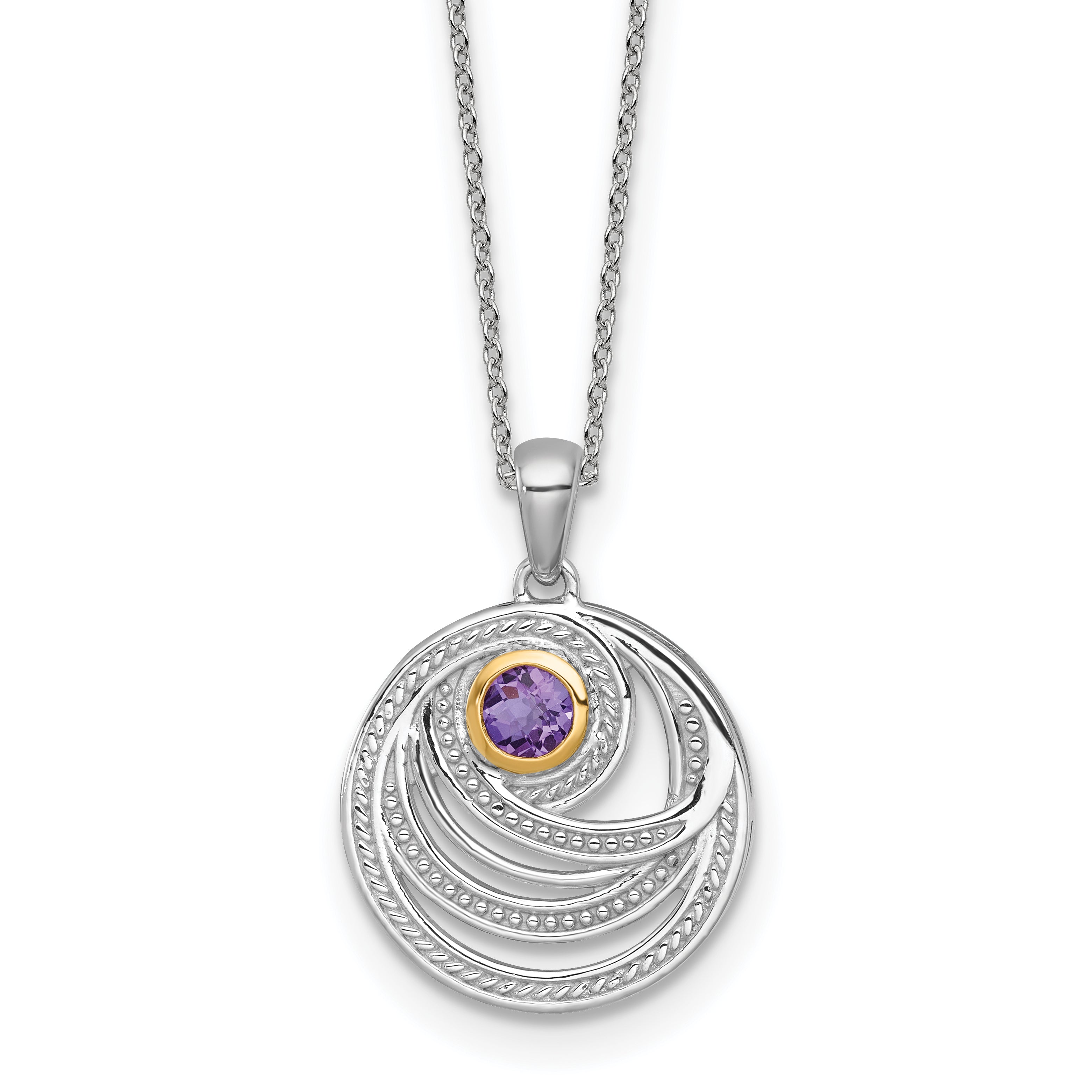 Shey Couture Sterling Silver Rhodium-plated with 14k Accent Round Amethyst Swirl Circle 18 inch with 2 inch Extension Necklace