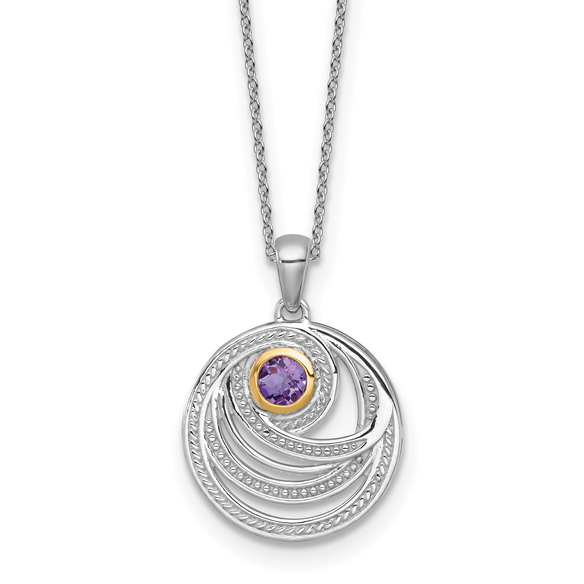 Shey Couture Sterling Silver Rhodium-plated with 14k Accent Round Amethyst Swirl Circle 18 inch with 2 inch Extension Necklace