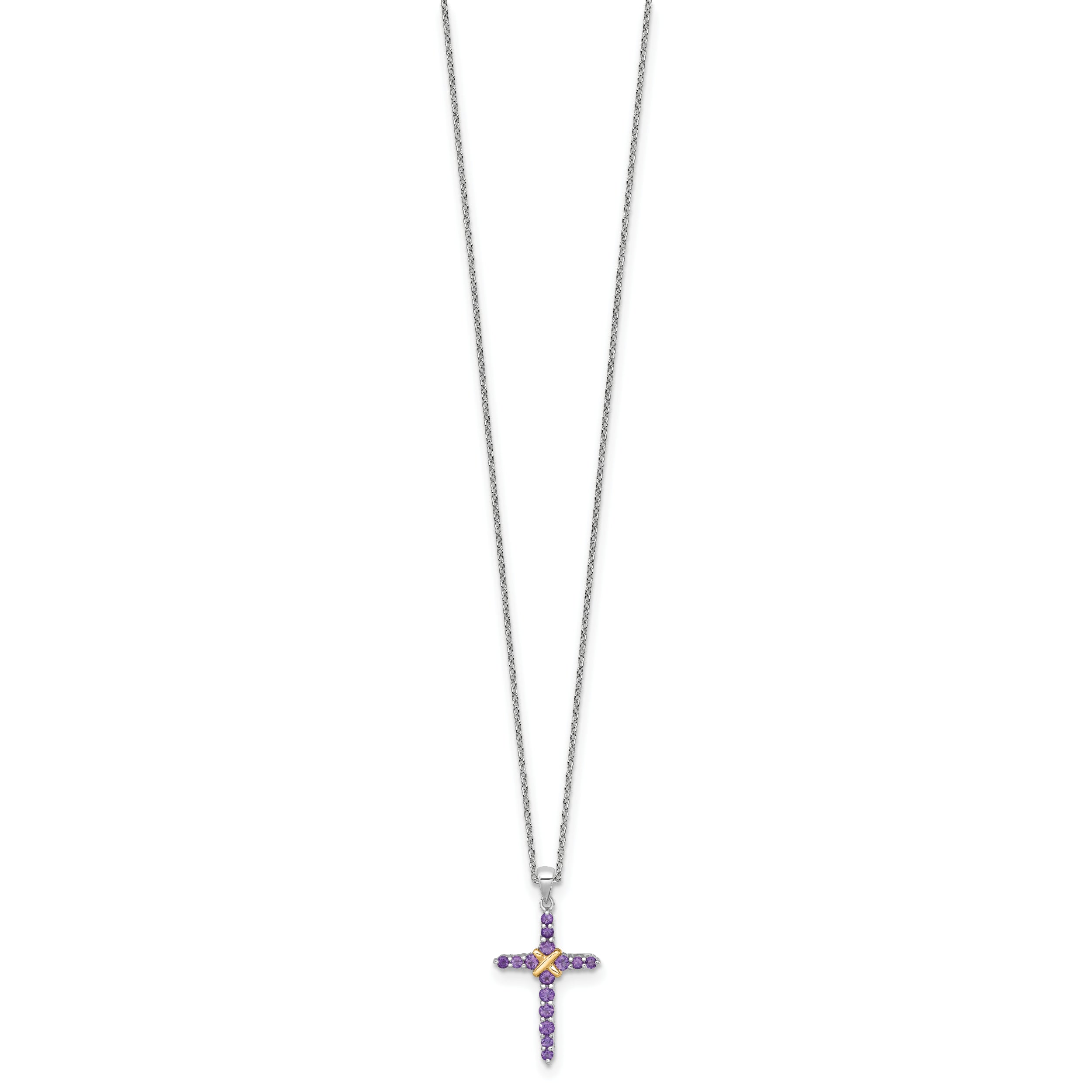 Shey Couture Sterling Silver Rhodium-plated with 14k -X- Accent Round Amethyst Cross 18 inch with 2 inch Extension Necklace