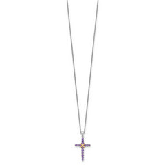Shey Couture Sterling Silver Rhodium-plated with 14k -X- Accent Round Amethyst Cross 18 inch with 2 inch Extension Necklace
