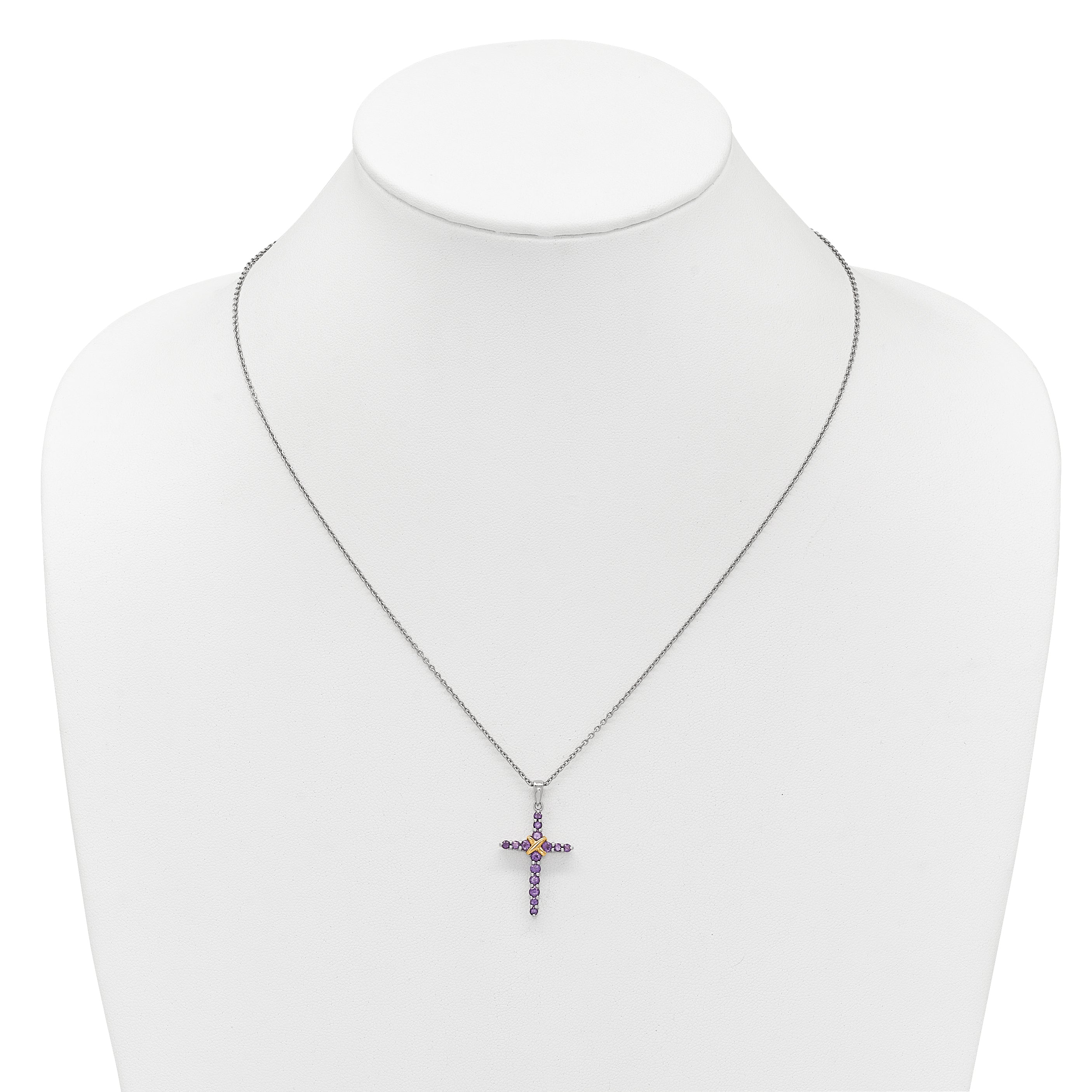 Shey Couture Sterling Silver Rhodium-plated with 14k -X- Accent Round Amethyst Cross 18 inch with 2 inch Extension Necklace