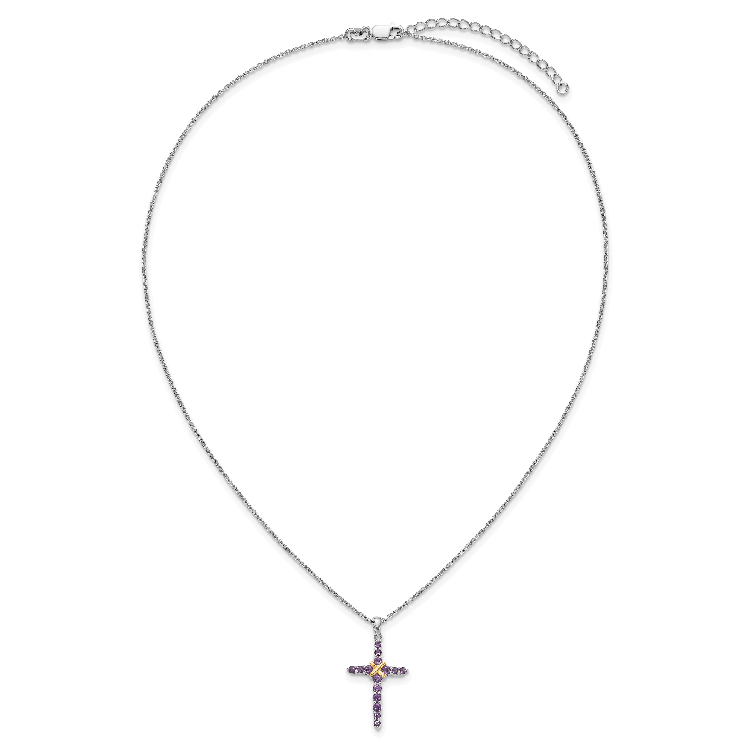 Shey Couture Sterling Silver Rhodium-plated with 14k -X- Accent Round Amethyst Cross 18 inch with 2 inch Extension Necklace