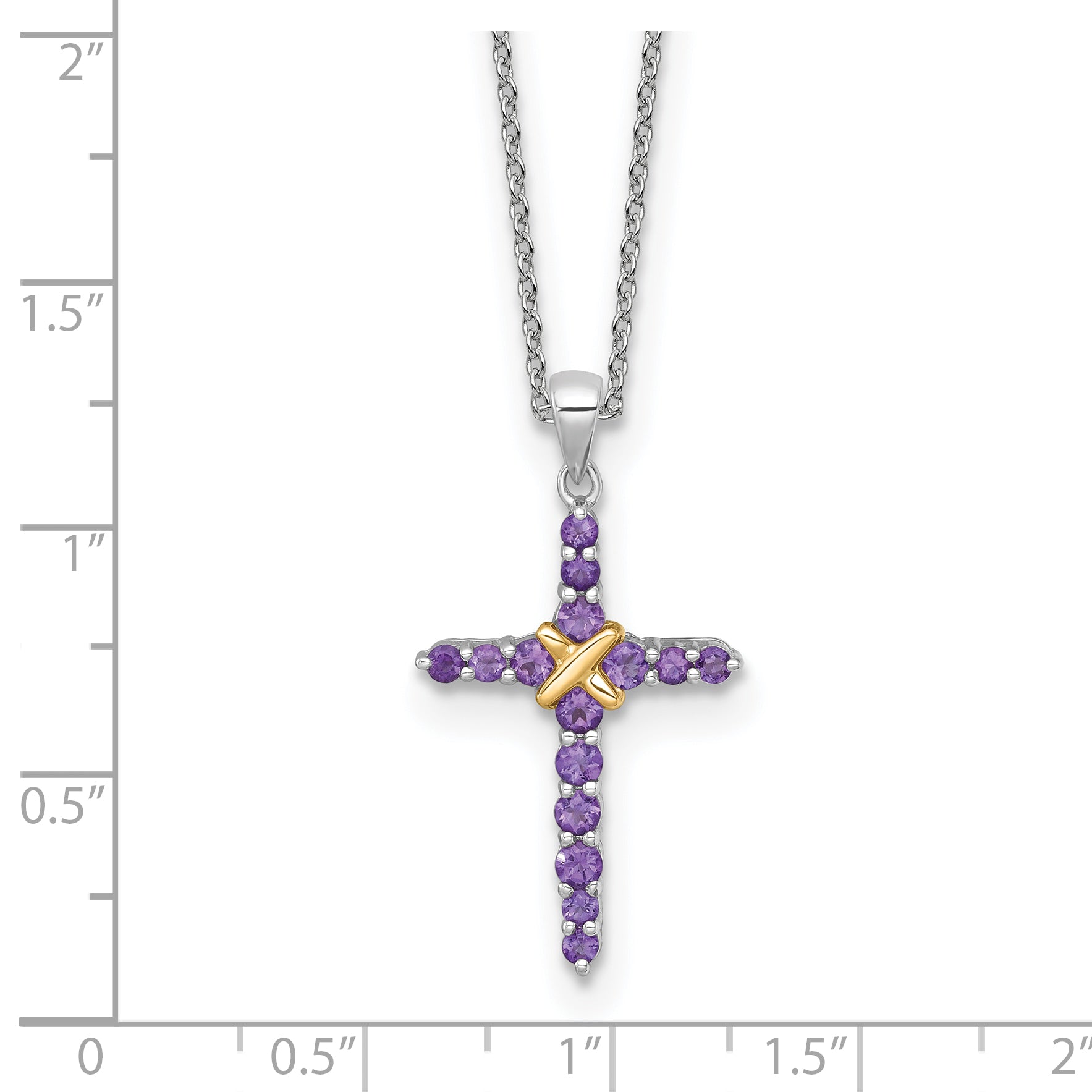 Shey Couture Sterling Silver Rhodium-plated with 14k -X- Accent Round Amethyst Cross 18 inch with 2 inch Extension Necklace