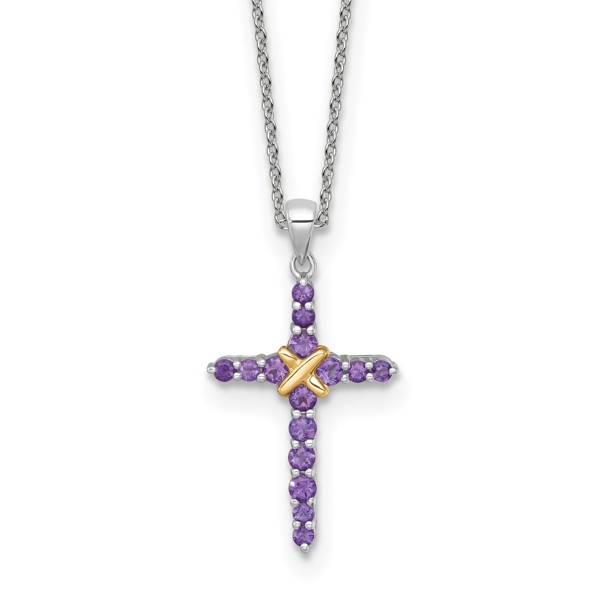 Shey Couture Sterling Silver Rhodium-plated with 14k -X- Accent Round Amethyst Cross 18 inch with 2 inch Extension Necklace