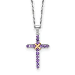 Shey Couture Sterling Silver Rhodium-plated with 14k -X- Accent Round Amethyst Cross 18 inch with 2 inch Extension Necklace