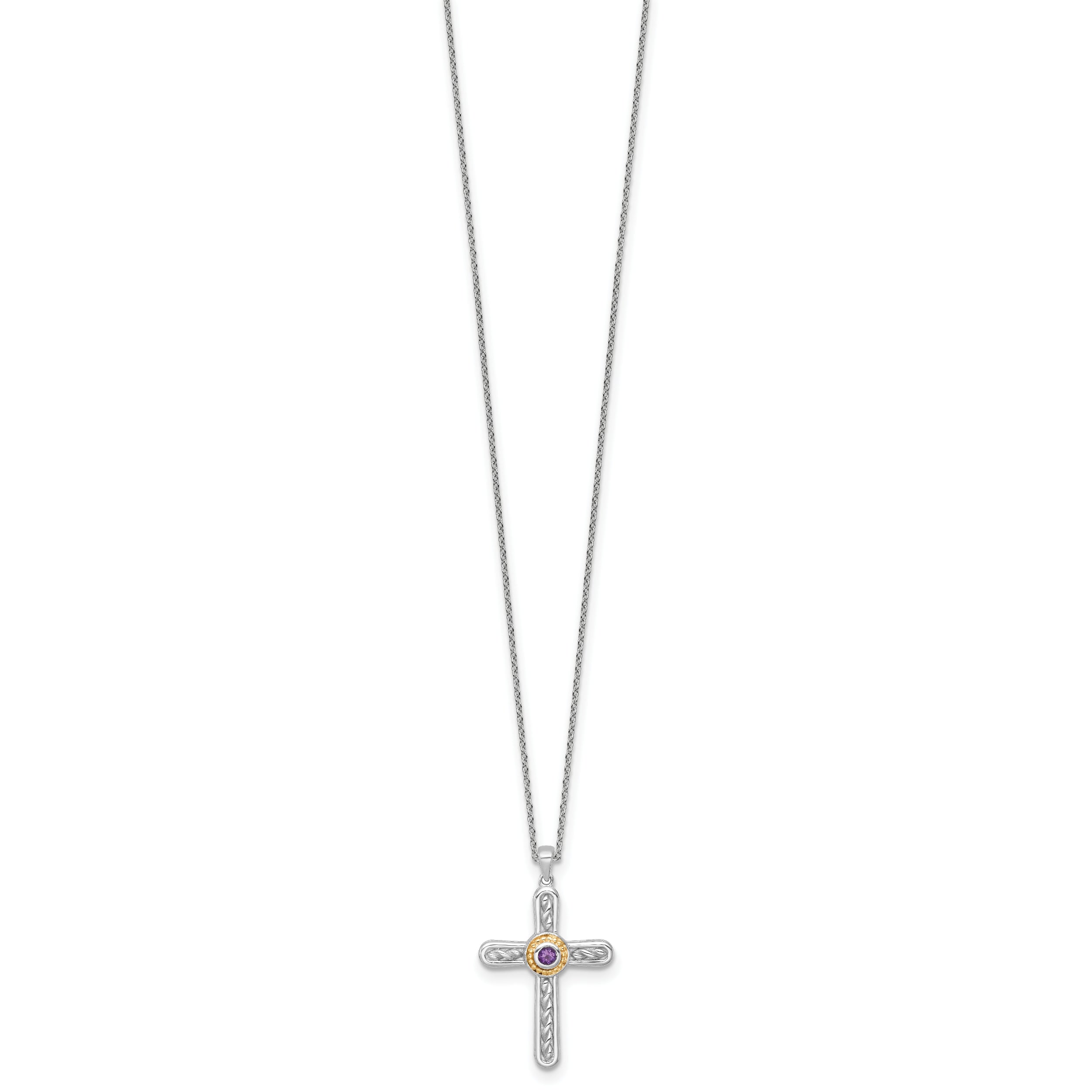 Shey Couture Sterling Silver Rhodium-plated with 14k Accent Round Amethyst Textured Cross 18 inch with 2 inch Extension Necklace