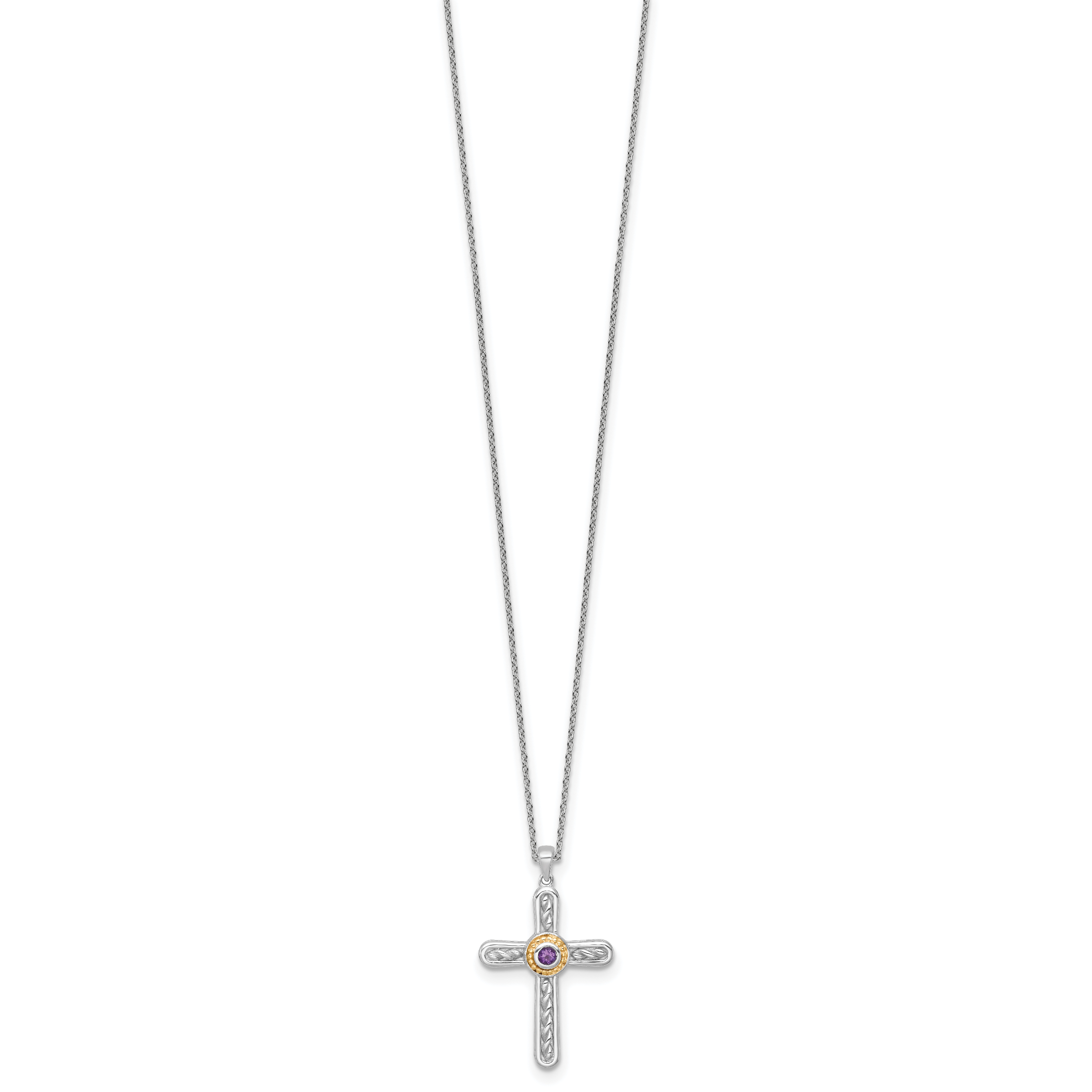 Shey Couture Sterling Silver Rhodium-plated with 14k Accent Round Amethyst Textured Cross 18 inch with 2 inch Extension Necklace Secondary image