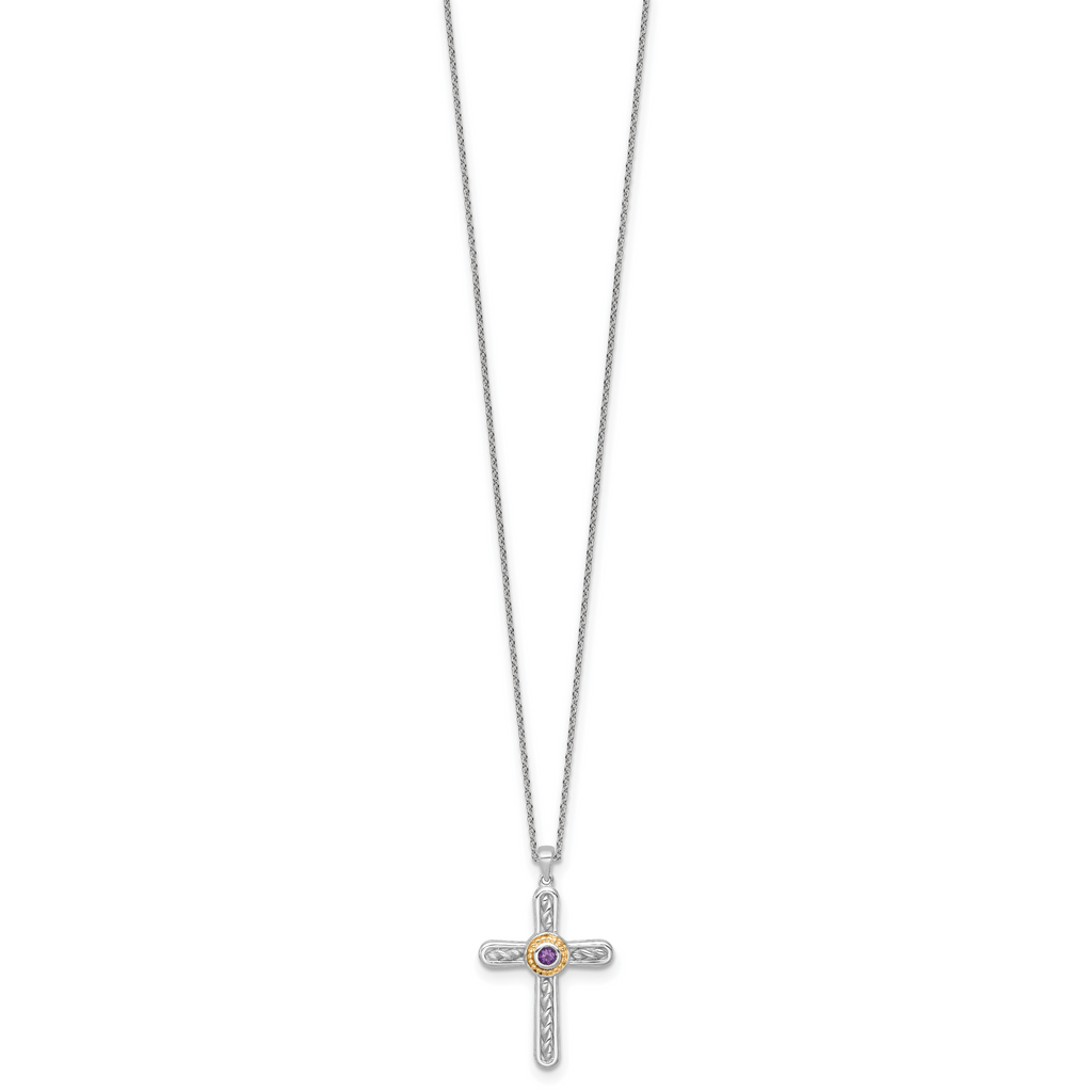 Shey Couture Sterling Silver Rhodium-plated with 14k Accent Round Amethyst Textured Cross 18 inch with 2 inch Extension Necklace