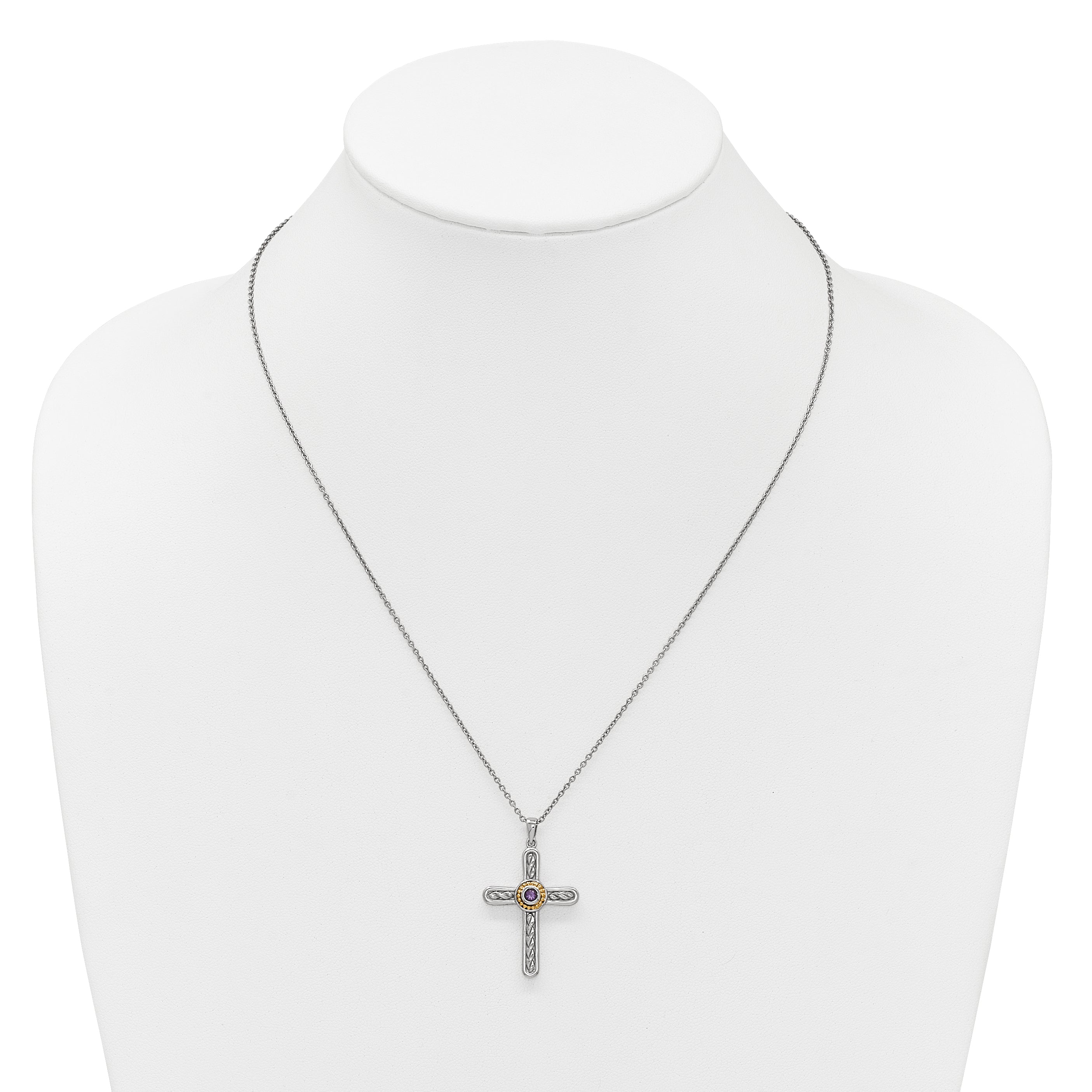Shey Couture Sterling Silver Rhodium-plated with 14k Accent Round Amethyst Textured Cross 18 inch with 2 inch Extension Necklace