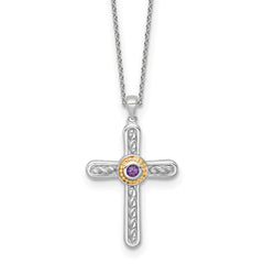 Shey Couture Sterling Silver Rhodium-plated with 14k Accent Round Amethyst Textured Cross 18 inch with 2 inch Extension Necklace