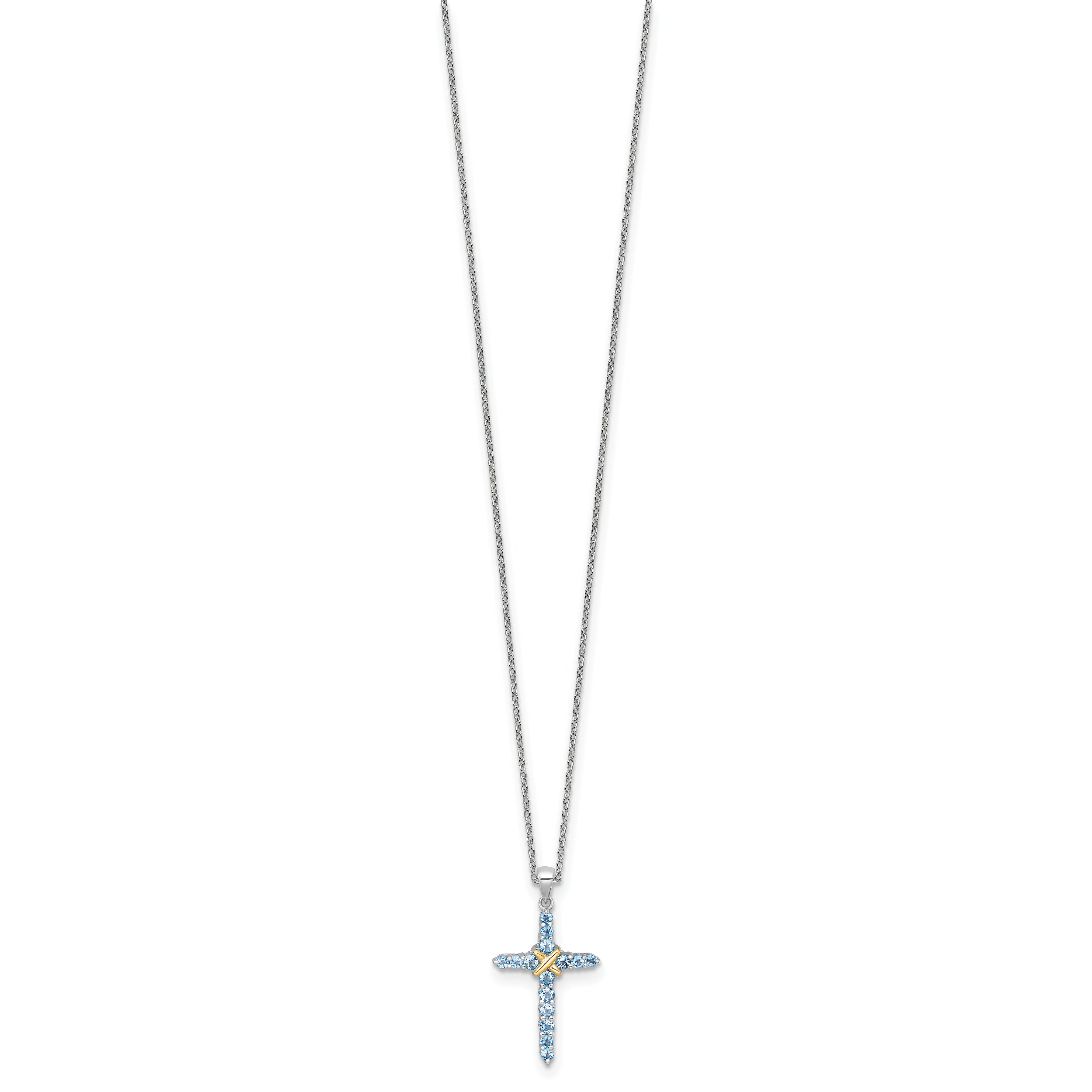 Shey Couture Sterling Silver Rhodium-plated with 14k -X- Accent Round Light Swiss Blue Topaz Cross 18 inch with 2 inch Extension Necklace