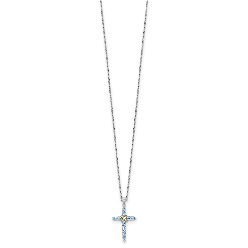 Shey Couture Sterling Silver Rhodium-plated with 14k -X- Accent Round Light Swiss Blue Topaz Cross 18 inch with 2 inch Extension Necklace
