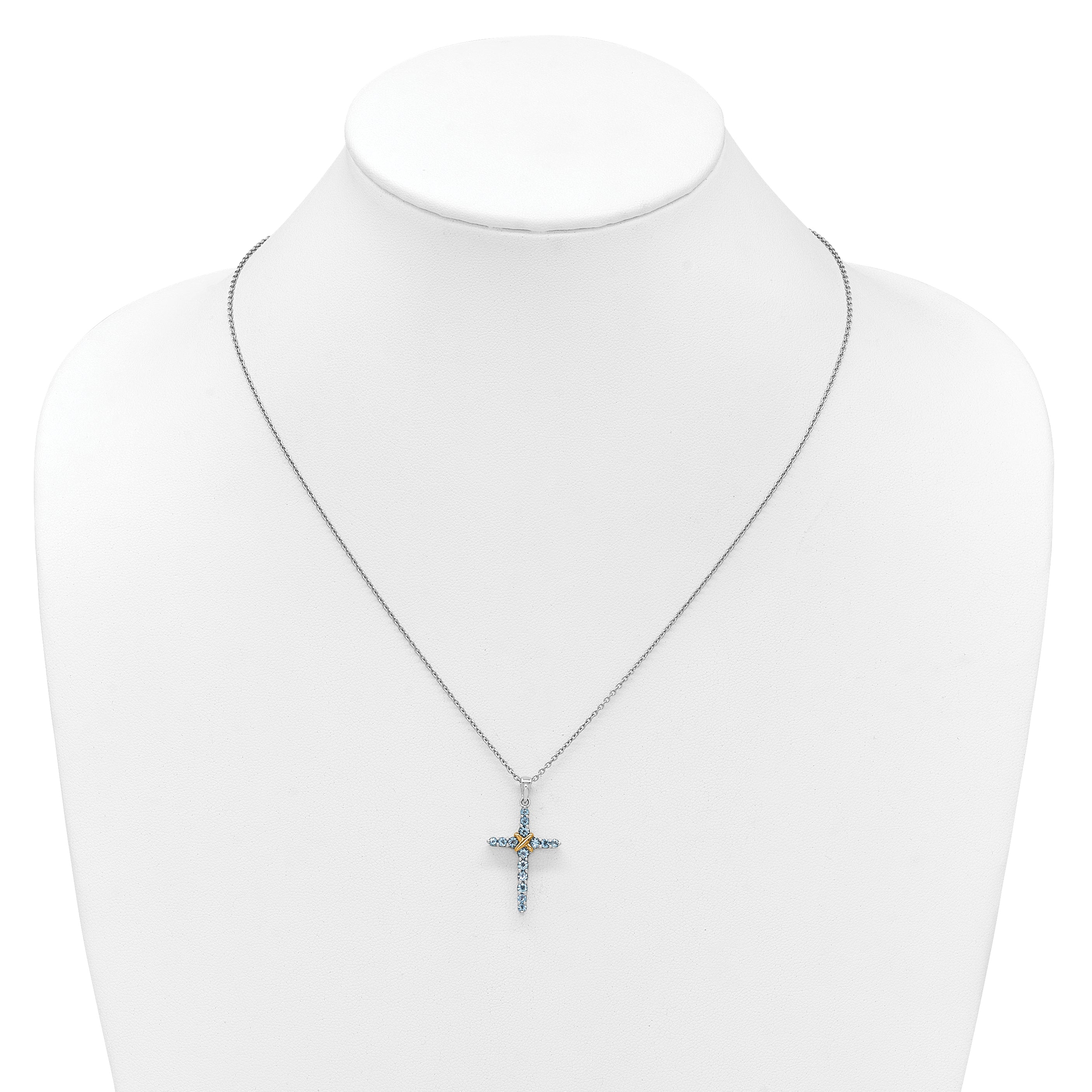 Shey Couture Sterling Silver Rhodium-plated with 14k -X- Accent Round Light Swiss Blue Topaz Cross 18 inch with 2 inch Extension Necklace