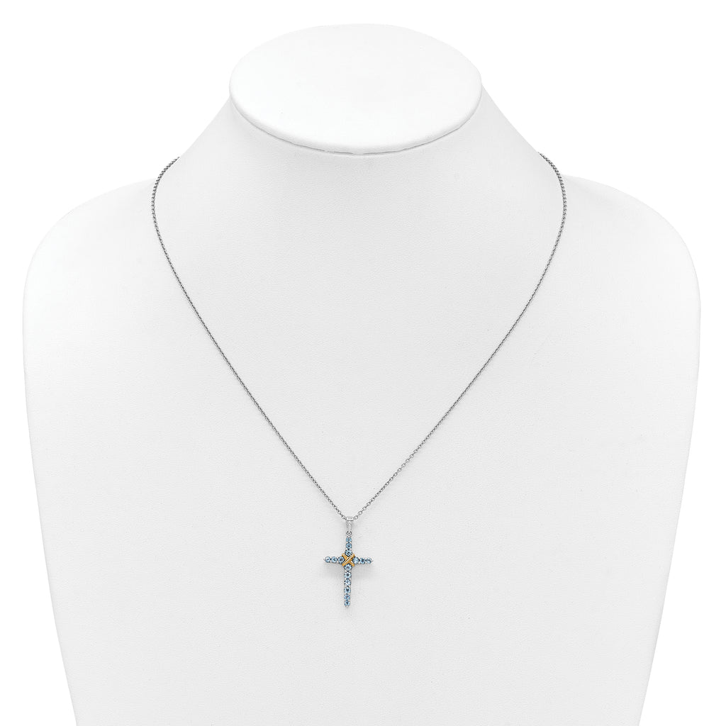 Shey Couture Sterling Silver Rhodium-plated with 14k -X- Accent Round Light Swiss Blue Topaz Cross 18 inch with 2 inch Extension Necklace