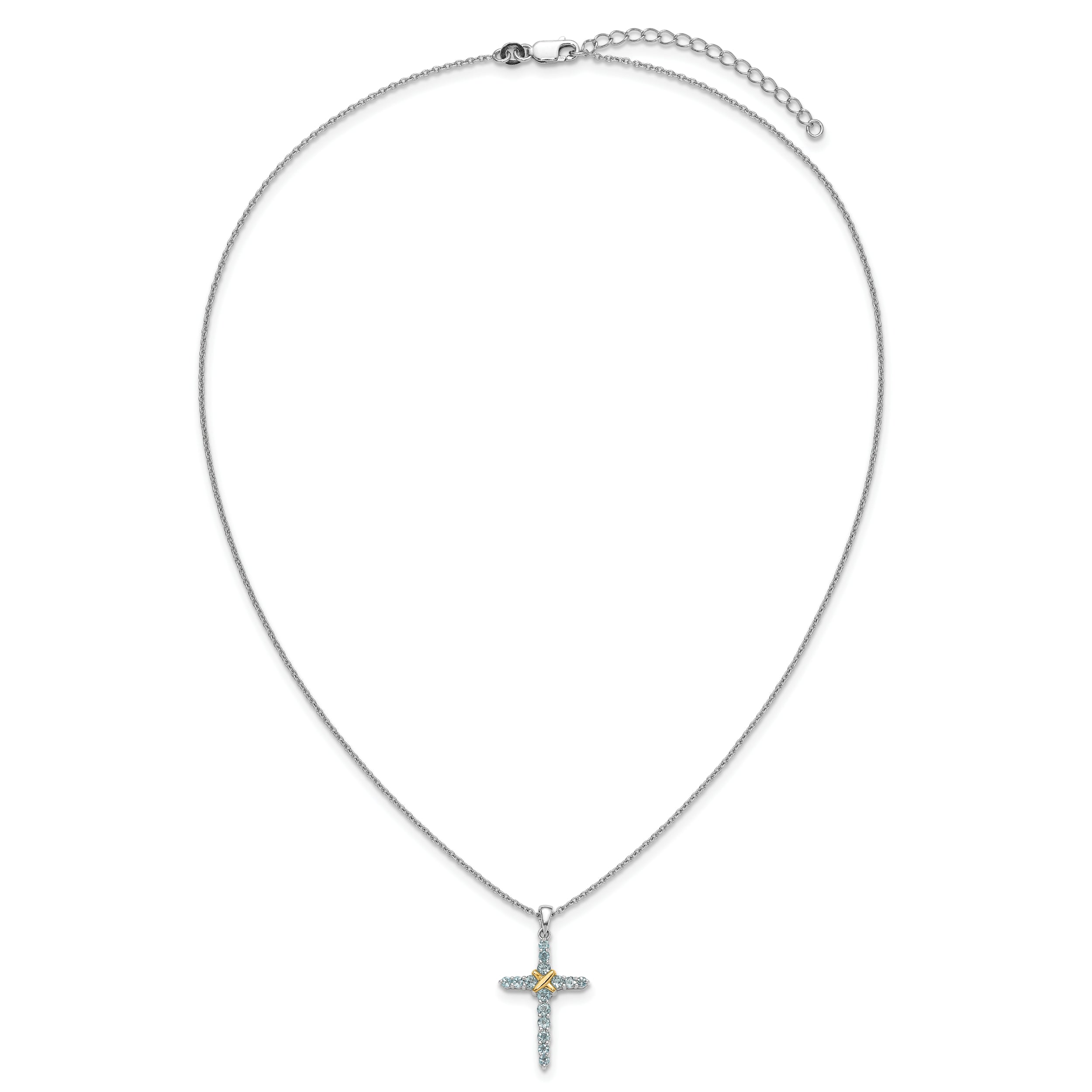 Shey Couture Sterling Silver Rhodium-plated with 14k -X- Accent Round Light Swiss Blue Topaz Cross 18 inch with 2 inch Extension Necklace