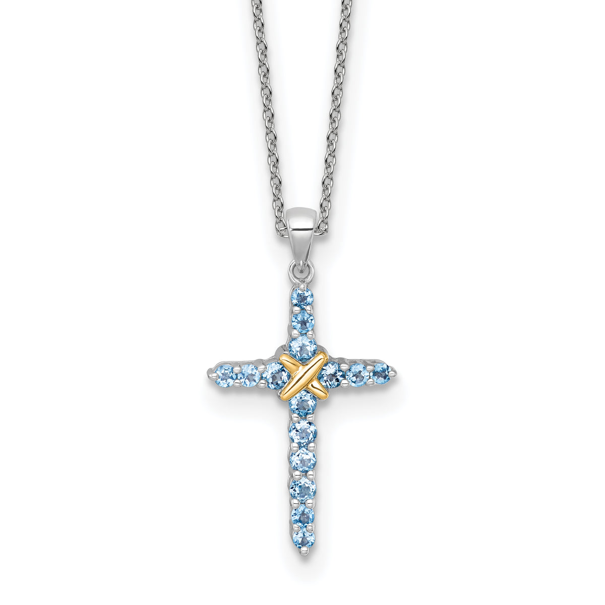 Shey Couture Sterling Silver Rhodium-plated with 14k -X- Accent Round Light Swiss Blue Topaz Cross 18 inch with 2 inch Extension Necklace