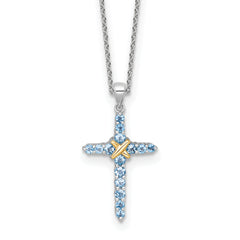 Shey Couture Sterling Silver Rhodium-plated with 14k -X- Accent Round Light Swiss Blue Topaz Cross 18 inch with 2 inch Extension Necklace