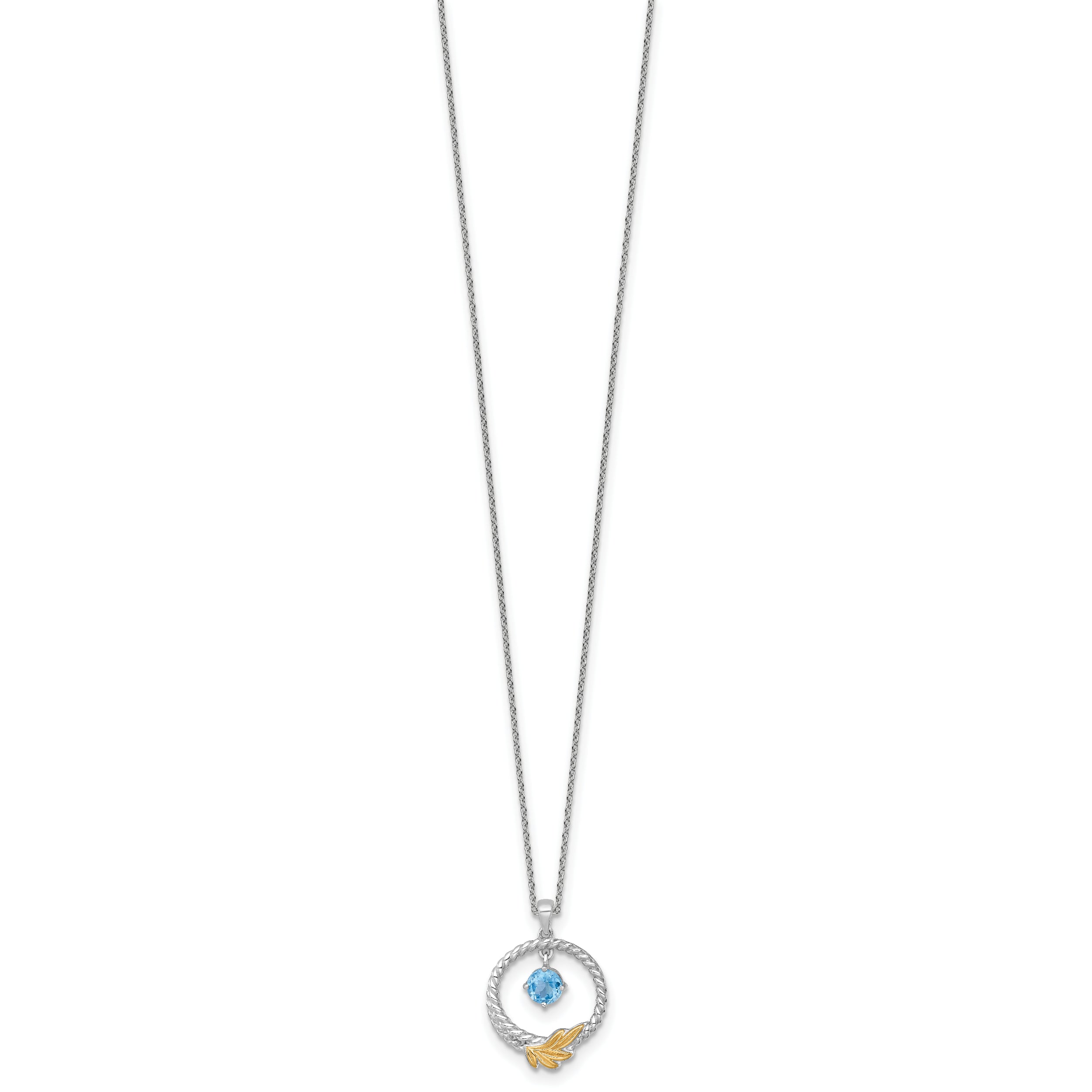 Shey Couture Sterling Silver Rhodium-plated Twisted Circle with 14k Leaf Accent Round Light Swiss Blue Topaz 18 inch with 2 inch Extension Necklace